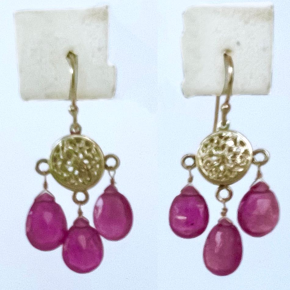 Artisan Marina J. Pink Sapphire & Solid 14k Yellow Gold Chandelier Earrings For Sale