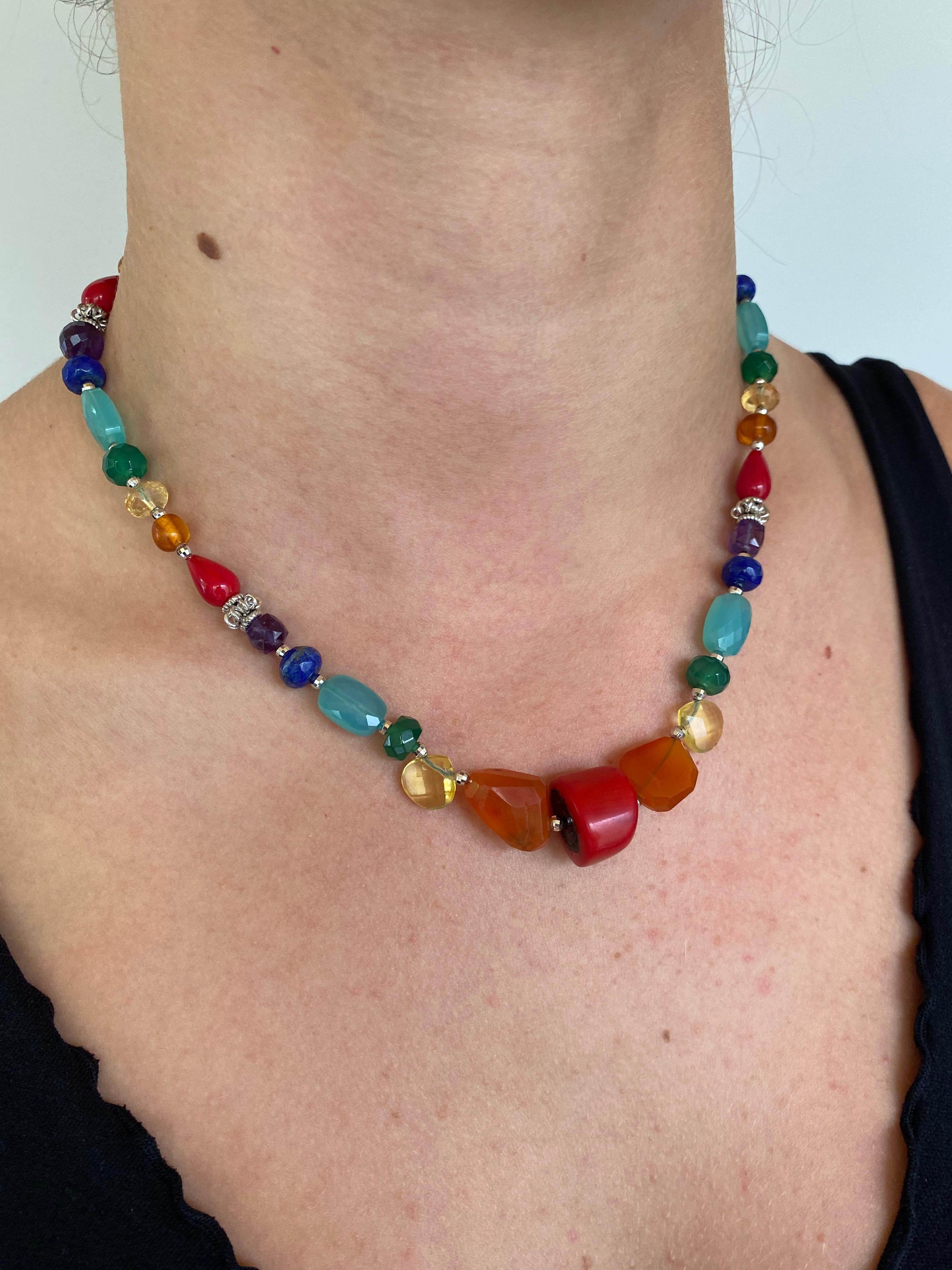 Marina J Rainbow Unisex Necklace of Multicolored Semiprecious beads  In New Condition For Sale In Los Angeles, CA