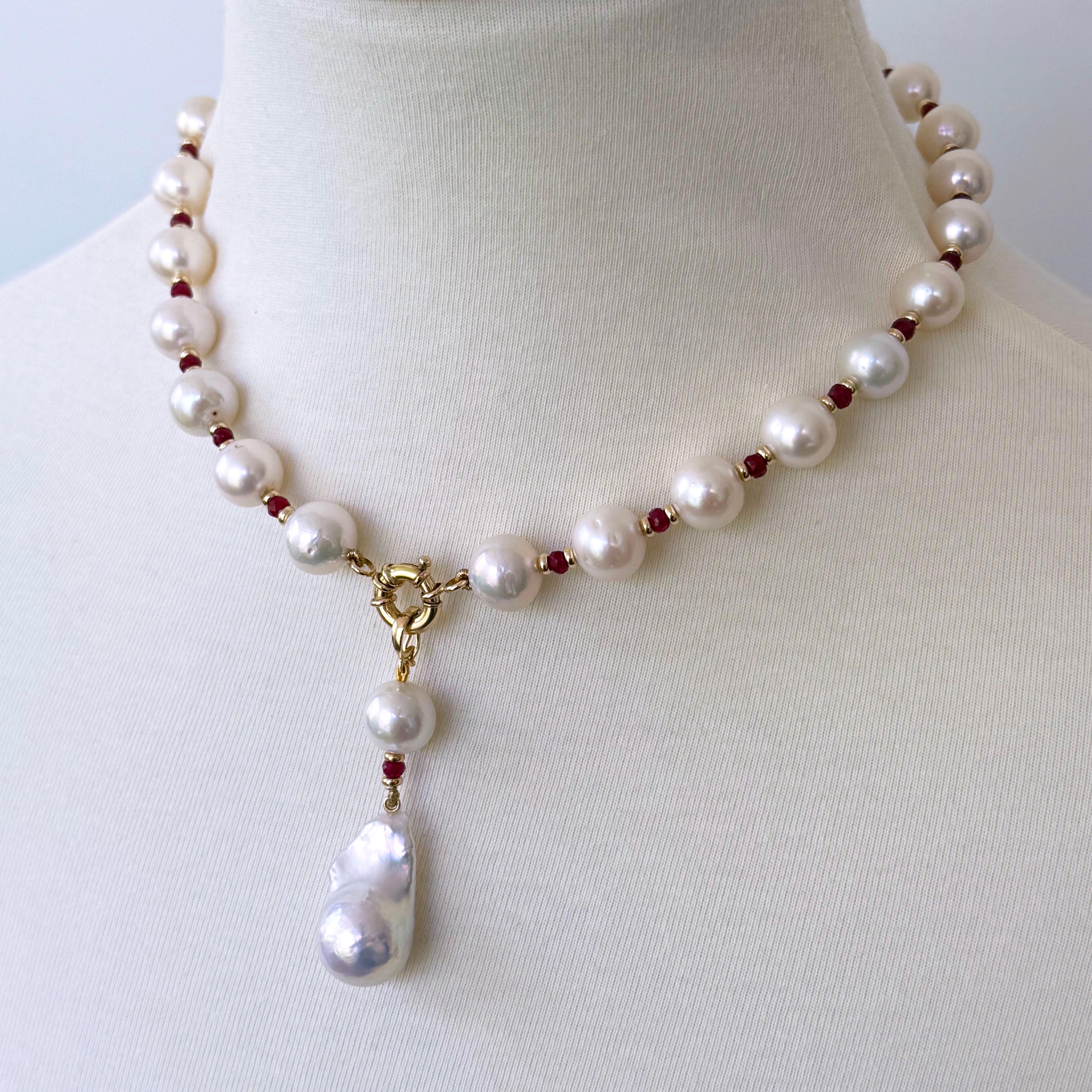 Artisan Marina J. Red Ruby, Solid Gold & Graduated Pearl Necklace with Dramatic Tassel For Sale