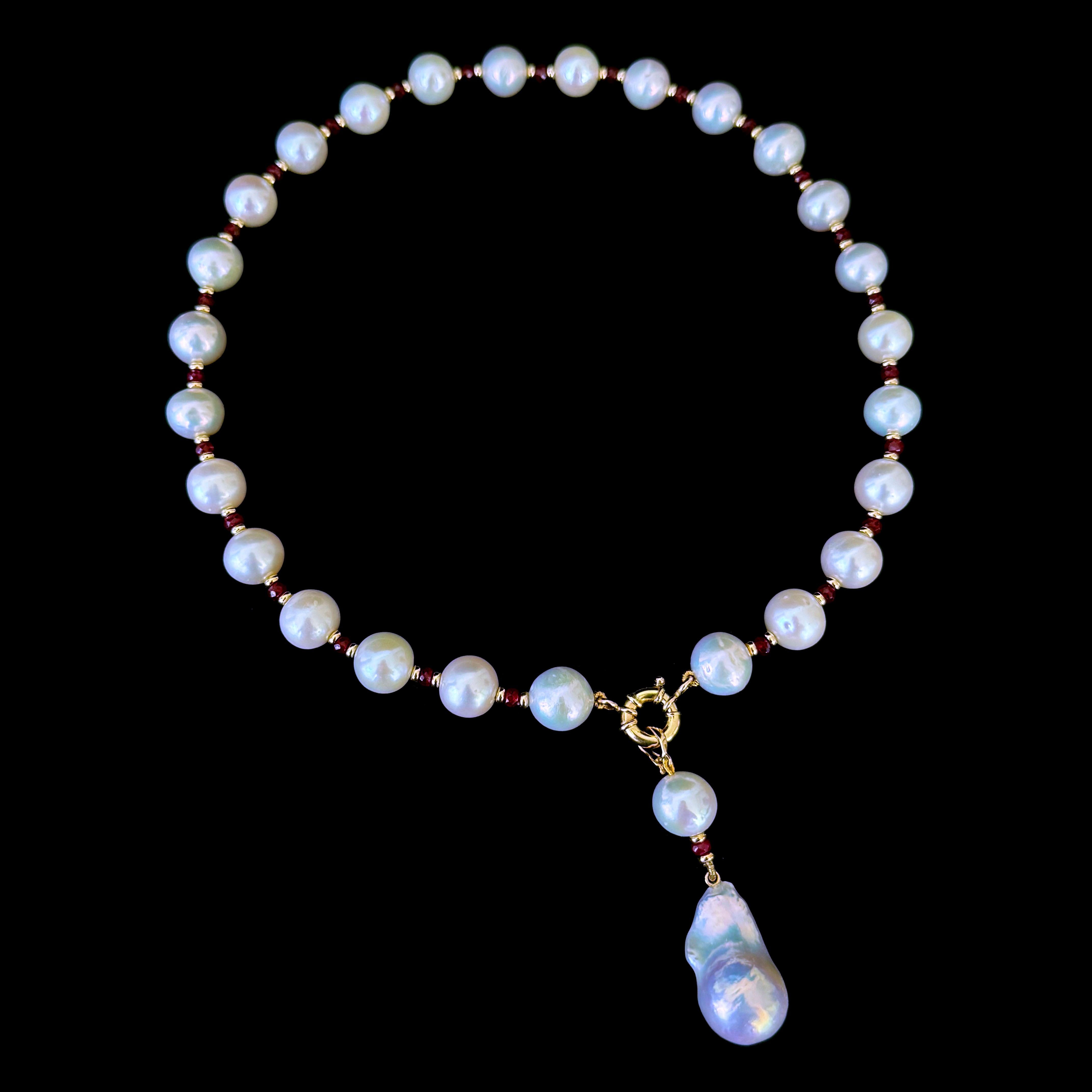 Marina J. Red Ruby, Solid Gold & Graduated Pearl Necklace with Dramatic Tassel In New Condition For Sale In Los Angeles, CA