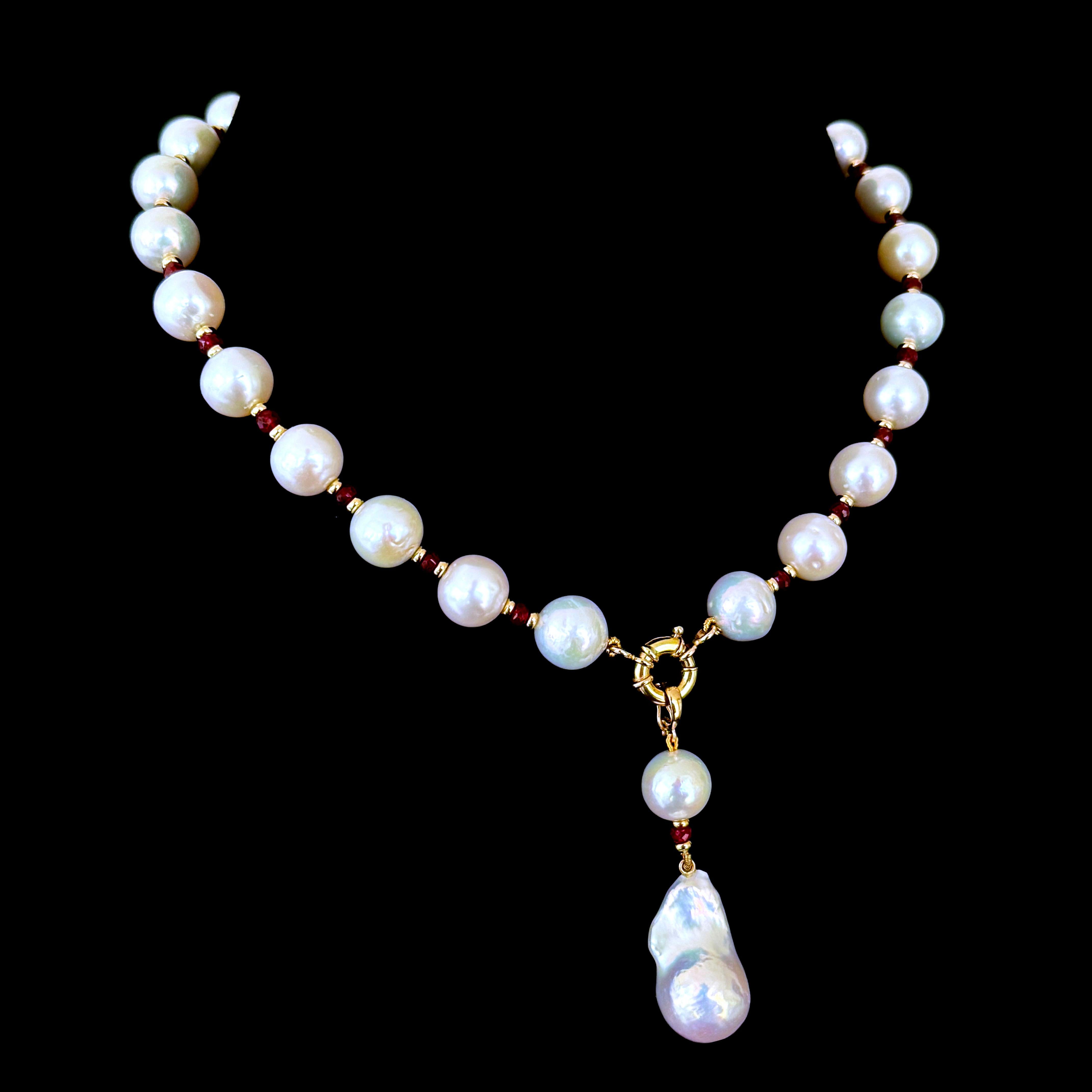 Women's Marina J. Red Ruby, Solid Gold & Graduated Pearl Necklace with Dramatic Tassel For Sale
