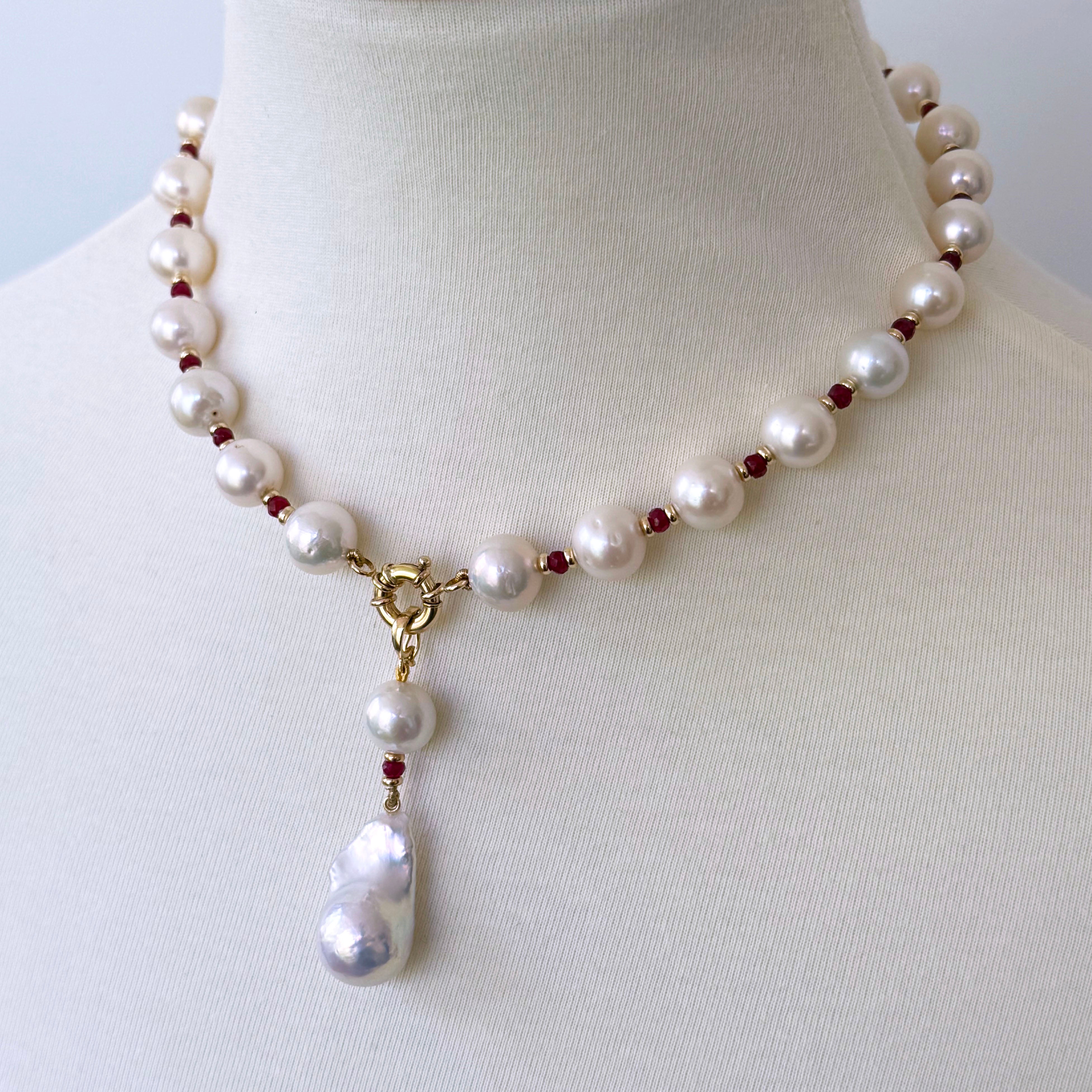 Marina J. Red Ruby, Solid Gold & Graduated Pearl Necklace with Dramatic Tassel For Sale