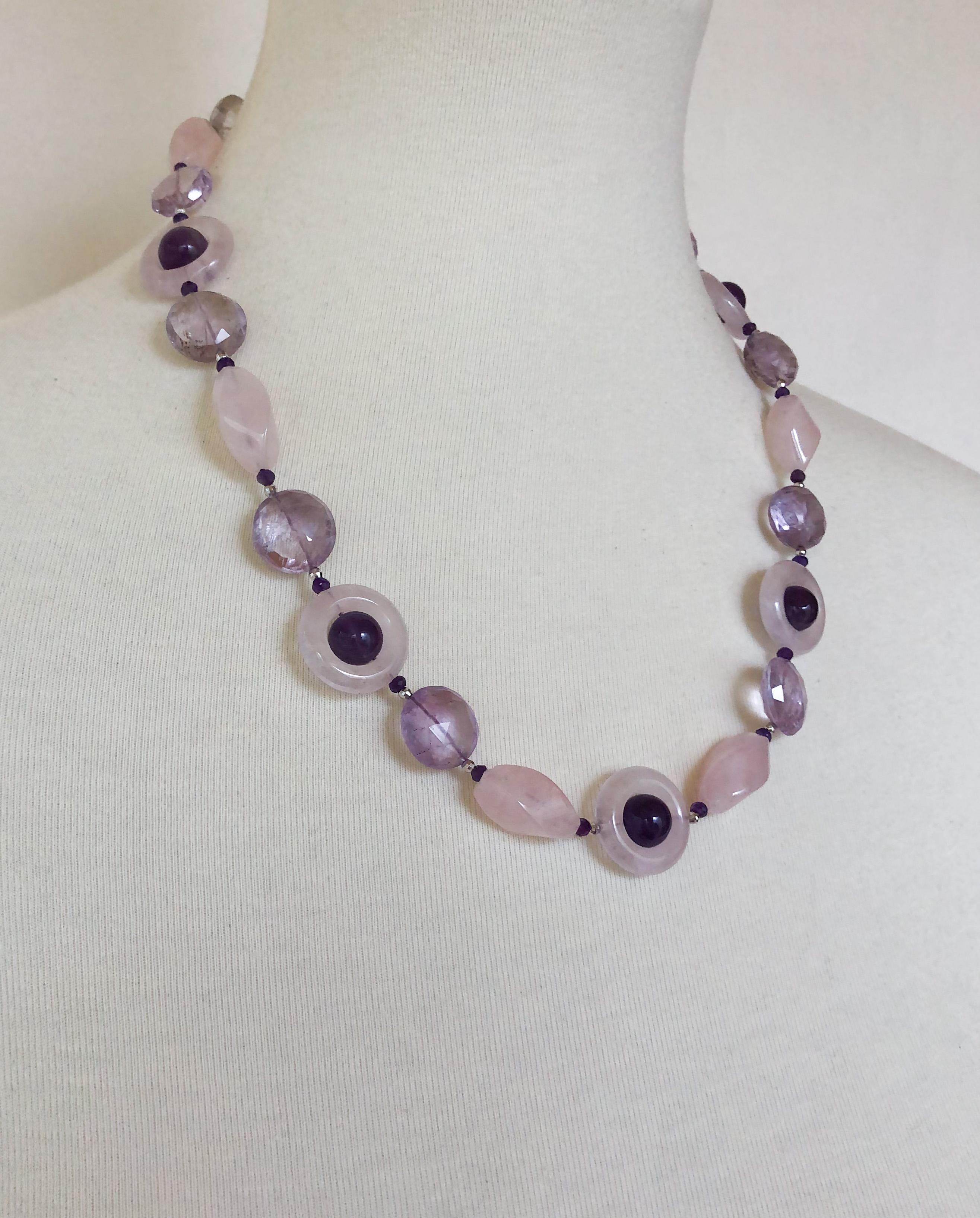 Amazing stone necklace by Marina J. This lovely piece is made with multi shaped and faceted Amethysts, Rose Quartz, Pink Aquamarine and Rhodium plated Silver findings all strung together. Each stones display a beautiful translucence that allows them
