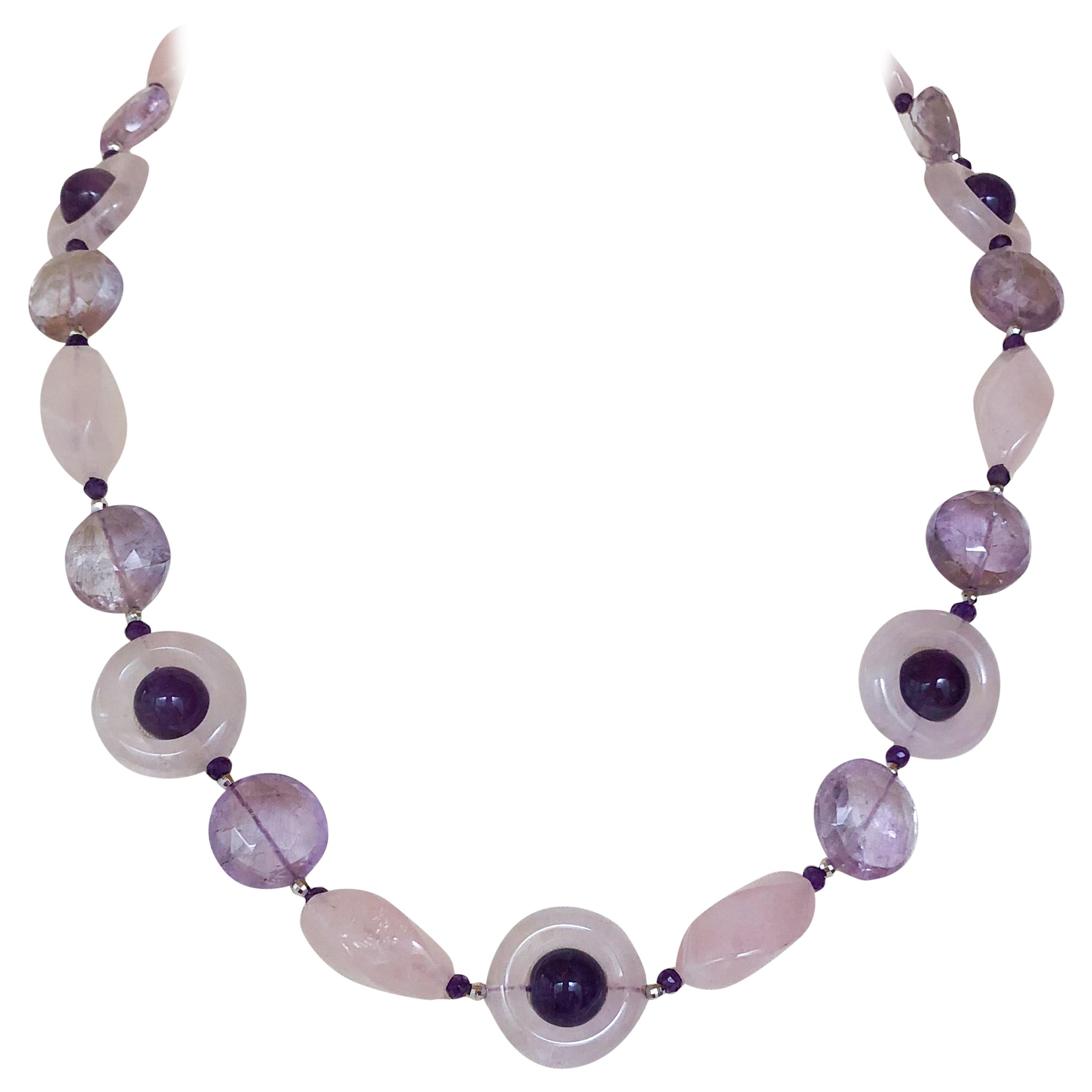 Marina J., rhodinierte Perlenkette aus Rosenquarz, Amethyst und Silber im Angebot