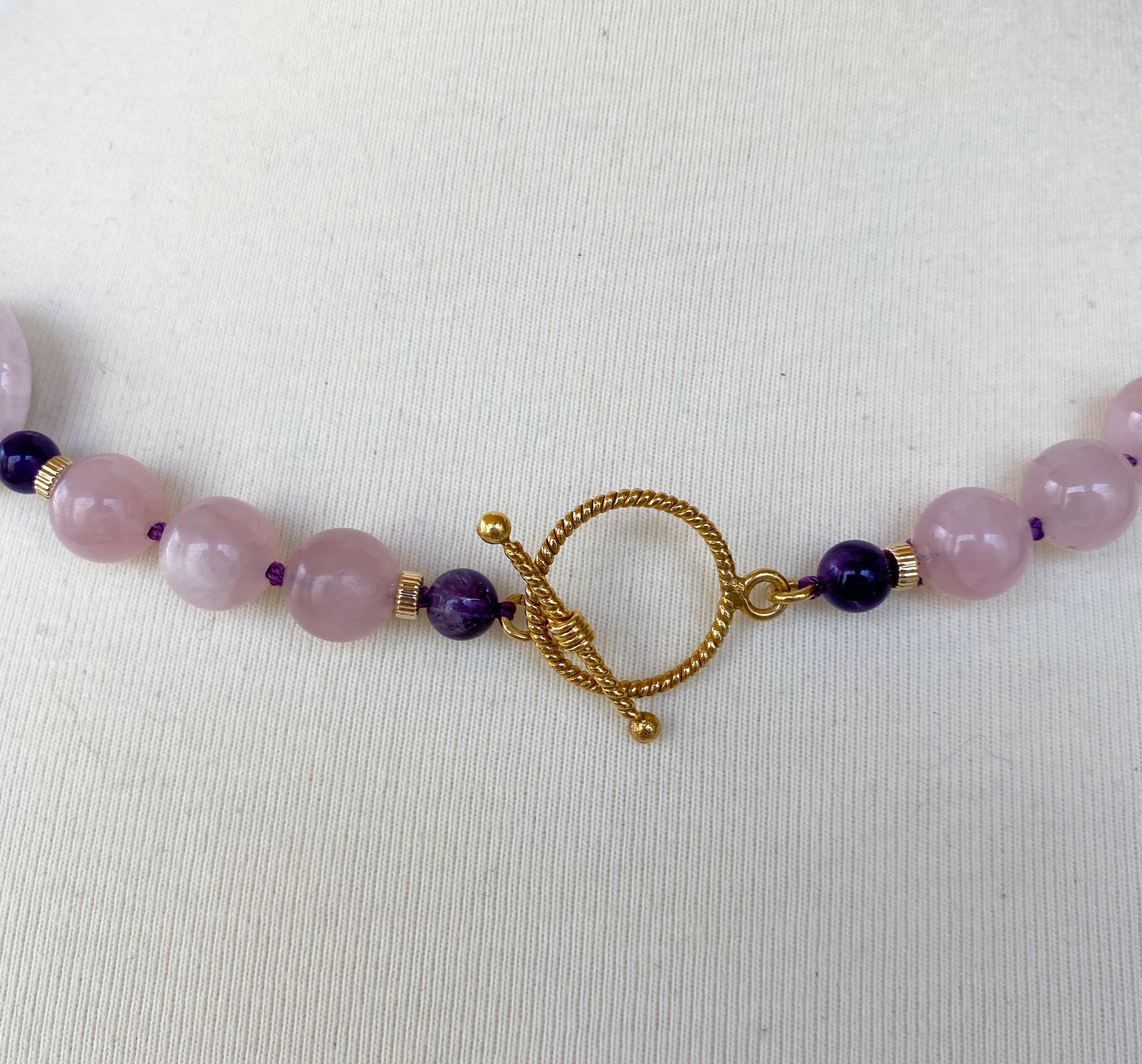 Artisan Marina J. Rose Quartz & Amethyst Necklace with Gold-Plated Toggle Clasp For Sale