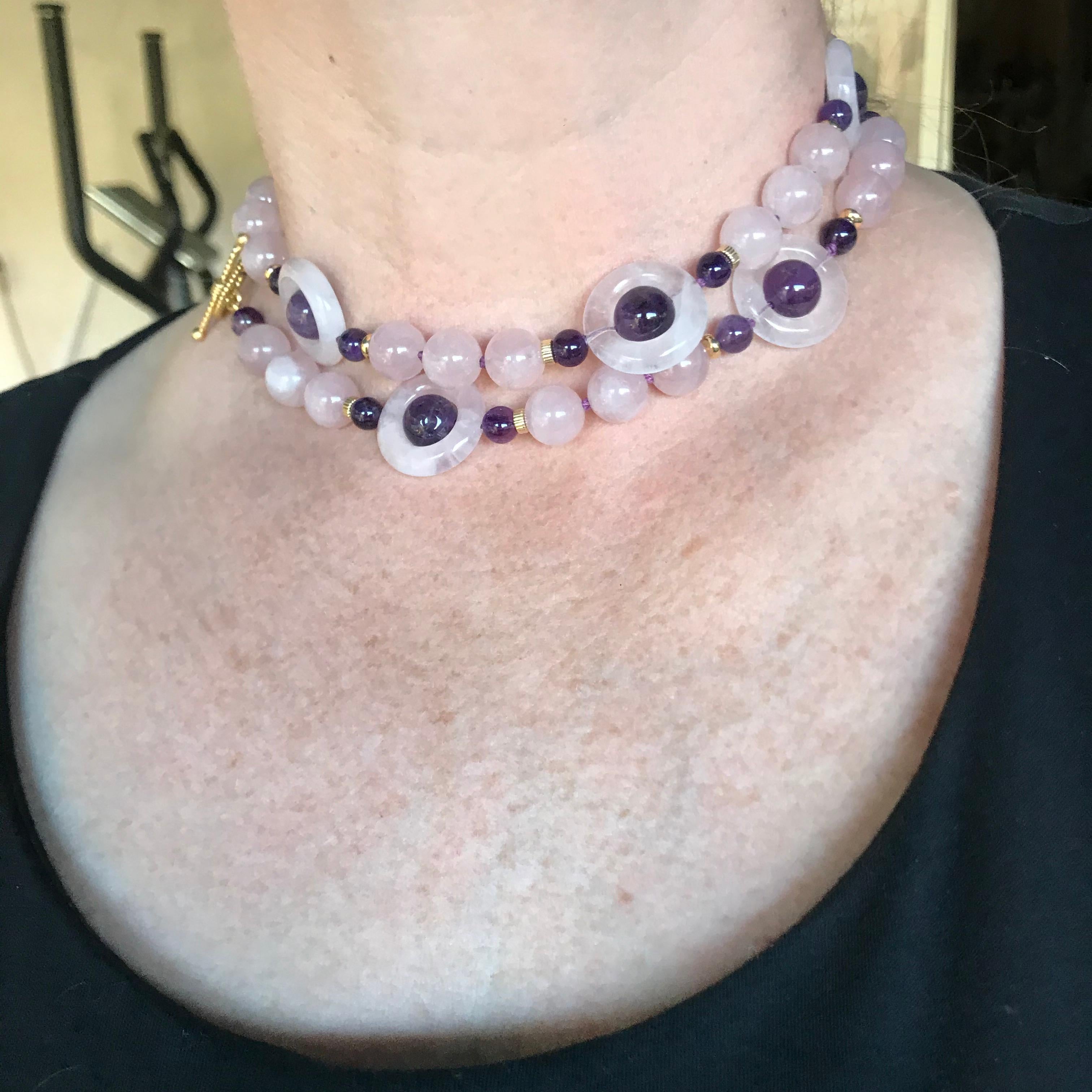 Bead Marina J. Rose Quartz & Amethyst Necklace with Gold-Plated Toggle Clasp For Sale