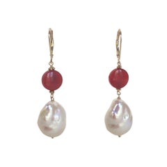 Marina J. Round Coral 
White Pearl Earrings with 14 Karat Yellow Gold Hooks