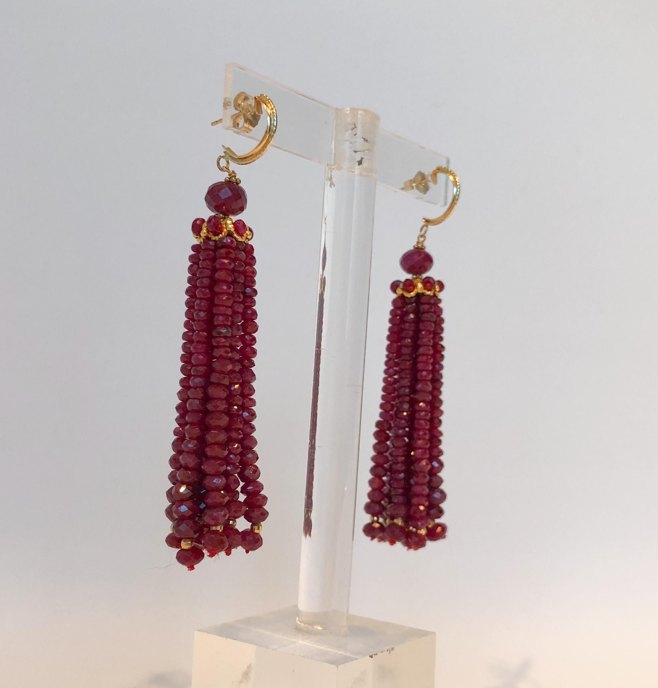 Women's Marina J. Elegant Tassel Earrings with Sparkling Ruby Beads and 14k Yellow Gold 