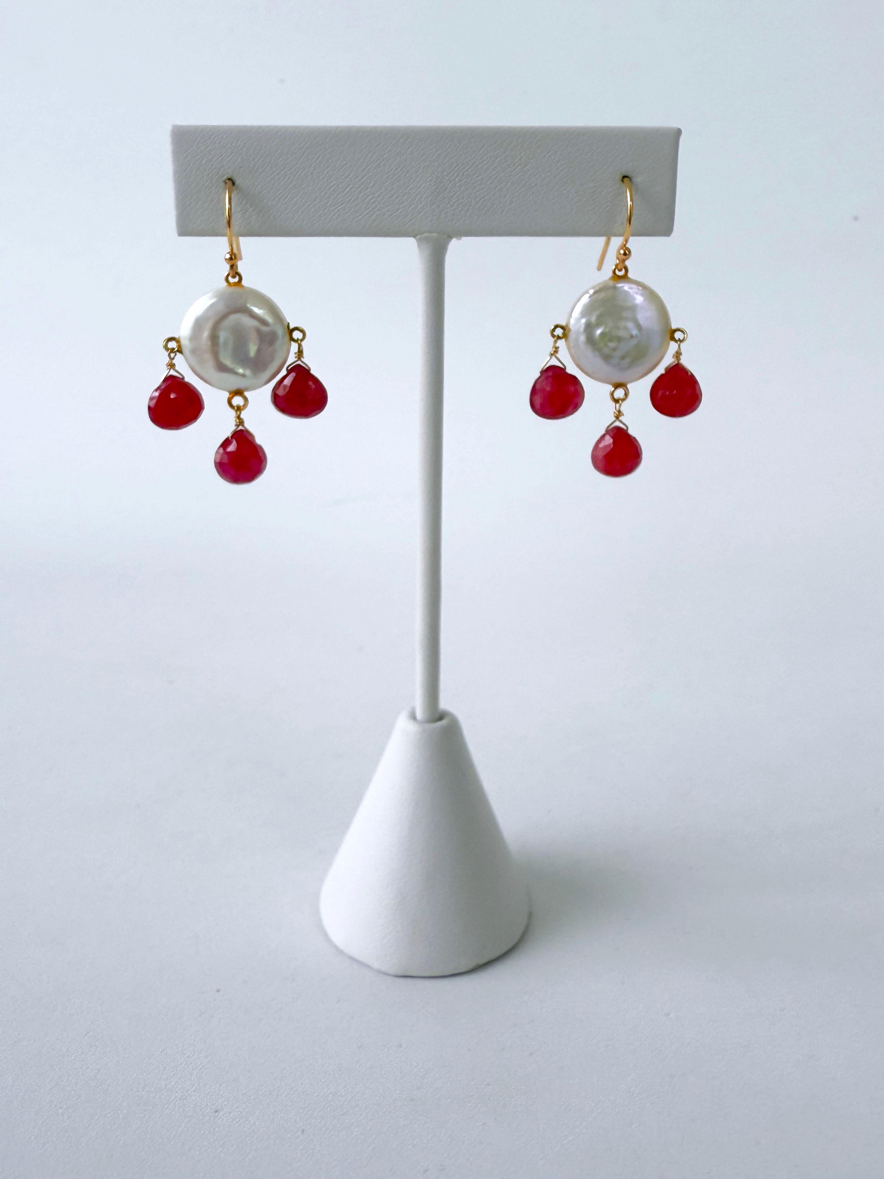 Bead Marina J. Ruby, Coin Pearl & Solid 14k Yellow Gold Chandelier Earrings For Sale