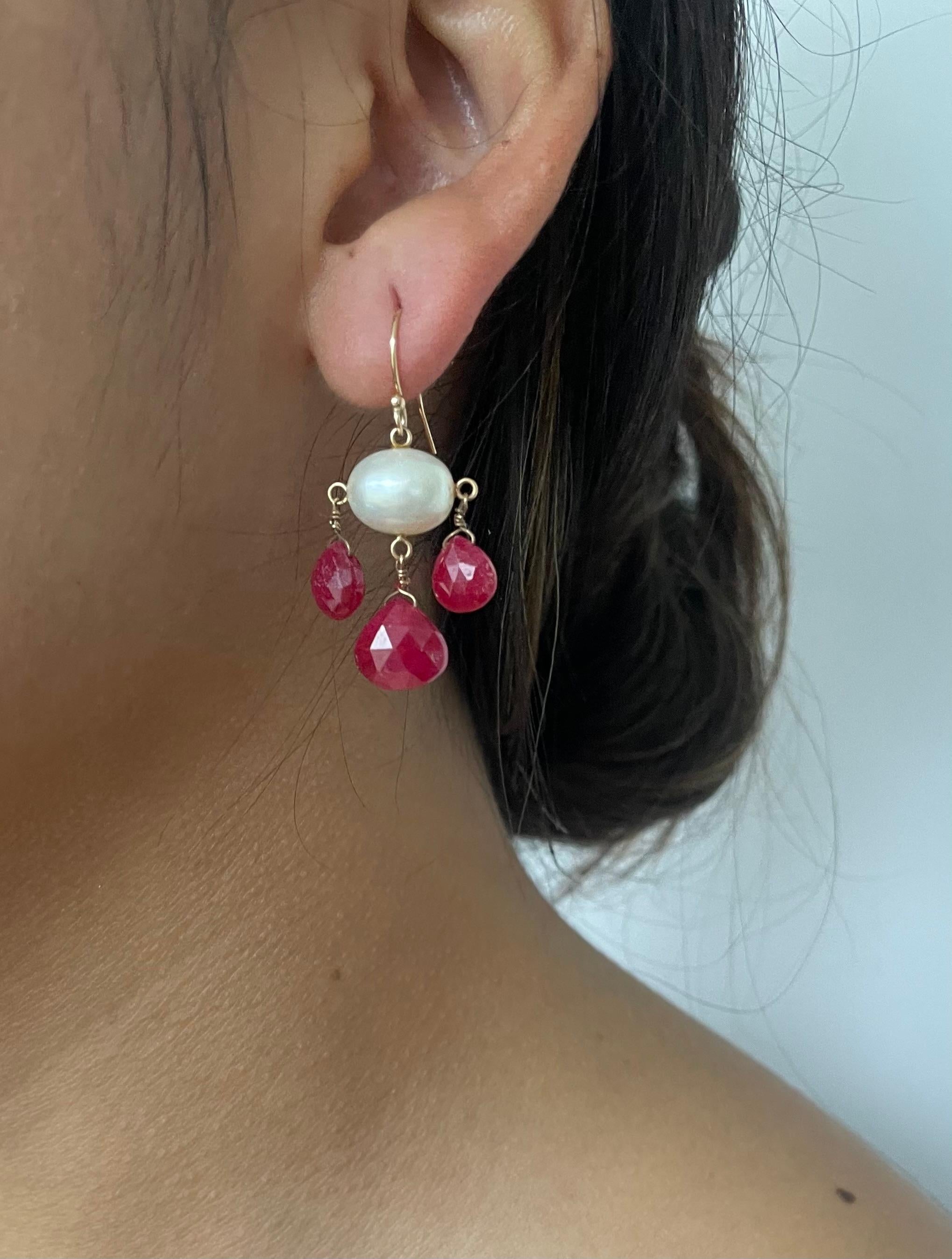 Artisan Marina J. Ruby, Coin Pearl & Solid 14k Yellow Gold Chandelier Earrings For Sale