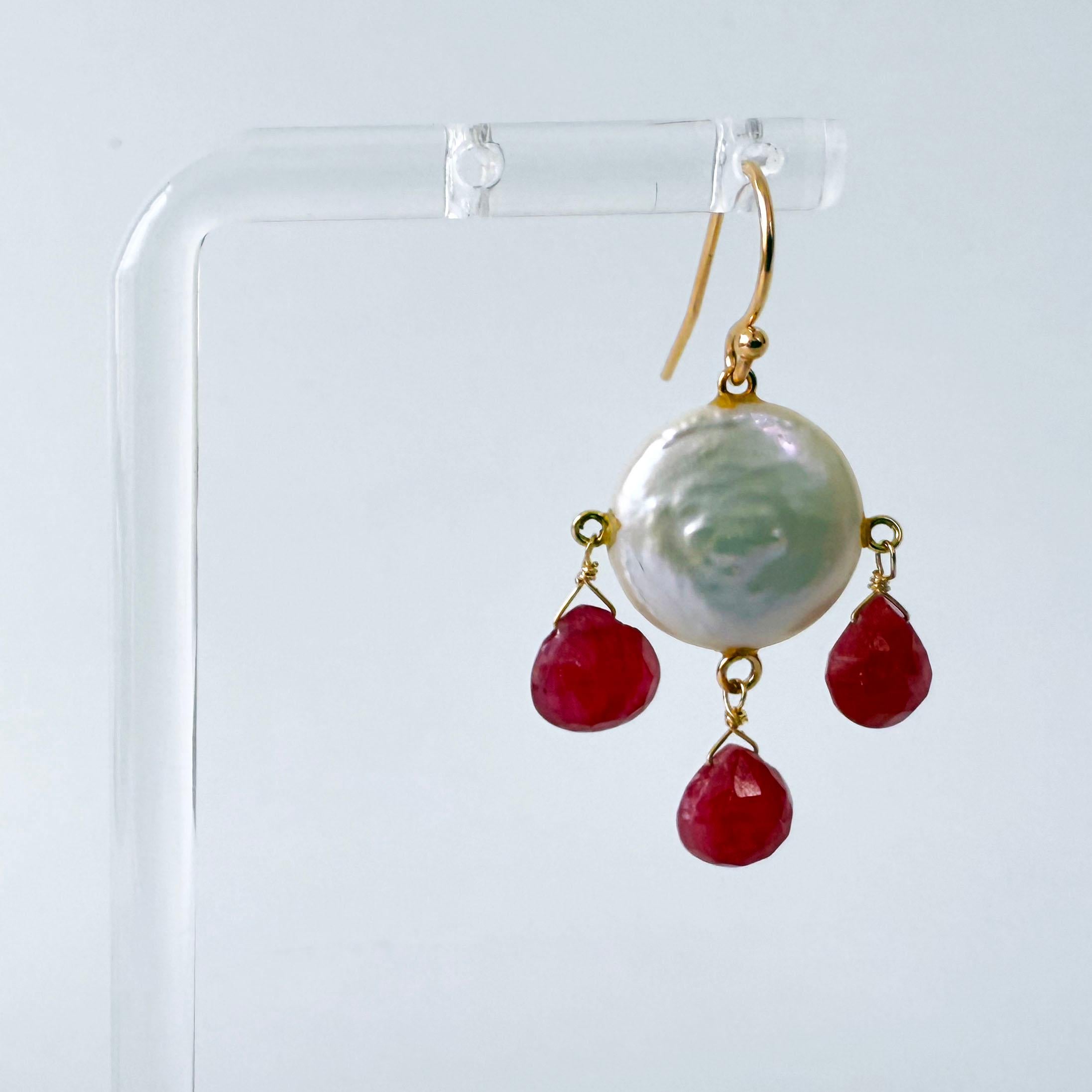 Marina J. Ruby, Coin Pearl & Solid 14k Yellow Gold Chandelier Earrings In New Condition For Sale In Los Angeles, CA