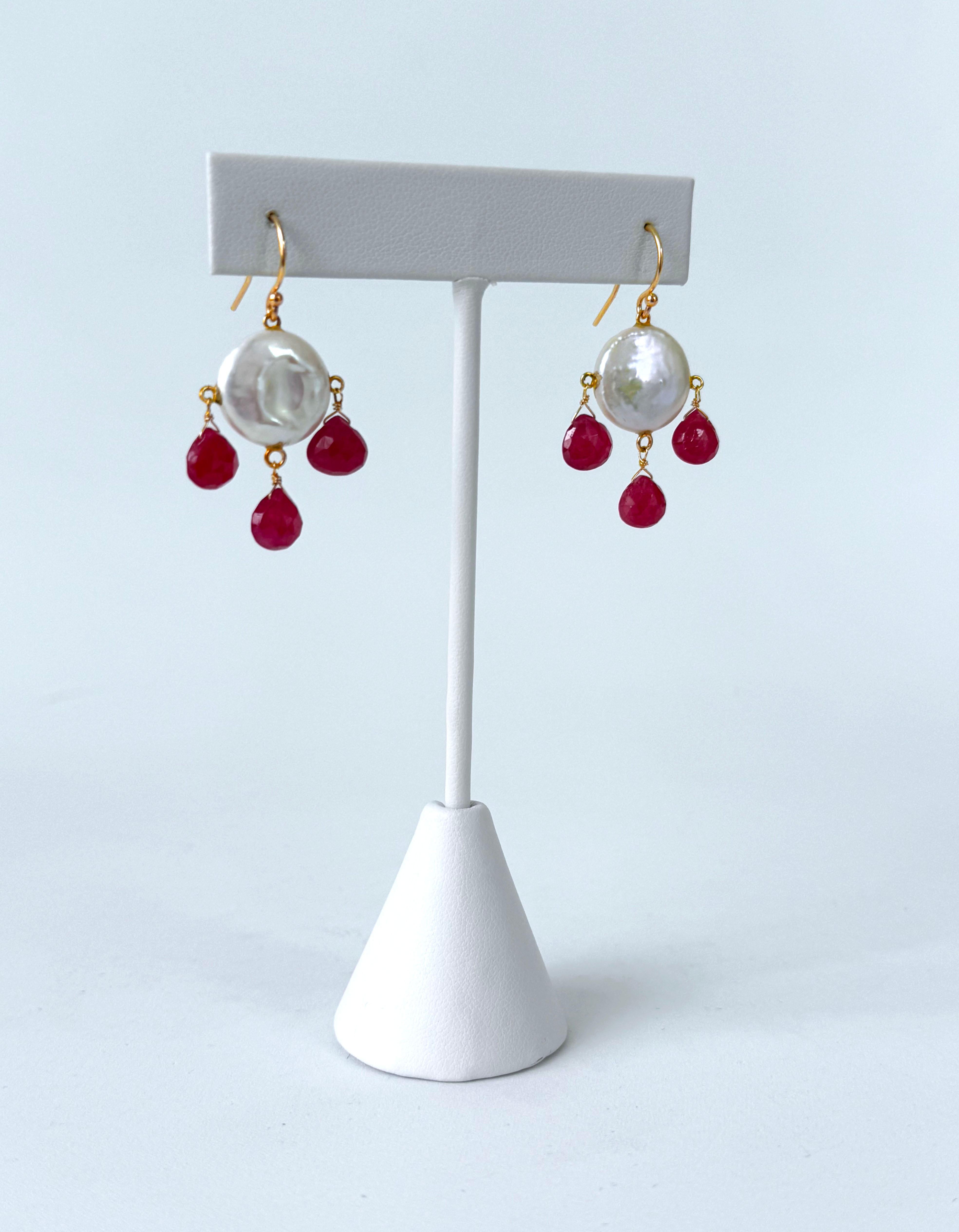 Women's or Men's Marina J. Ruby, Coin Pearl & Solid 14k Yellow Gold Chandelier Earrings For Sale