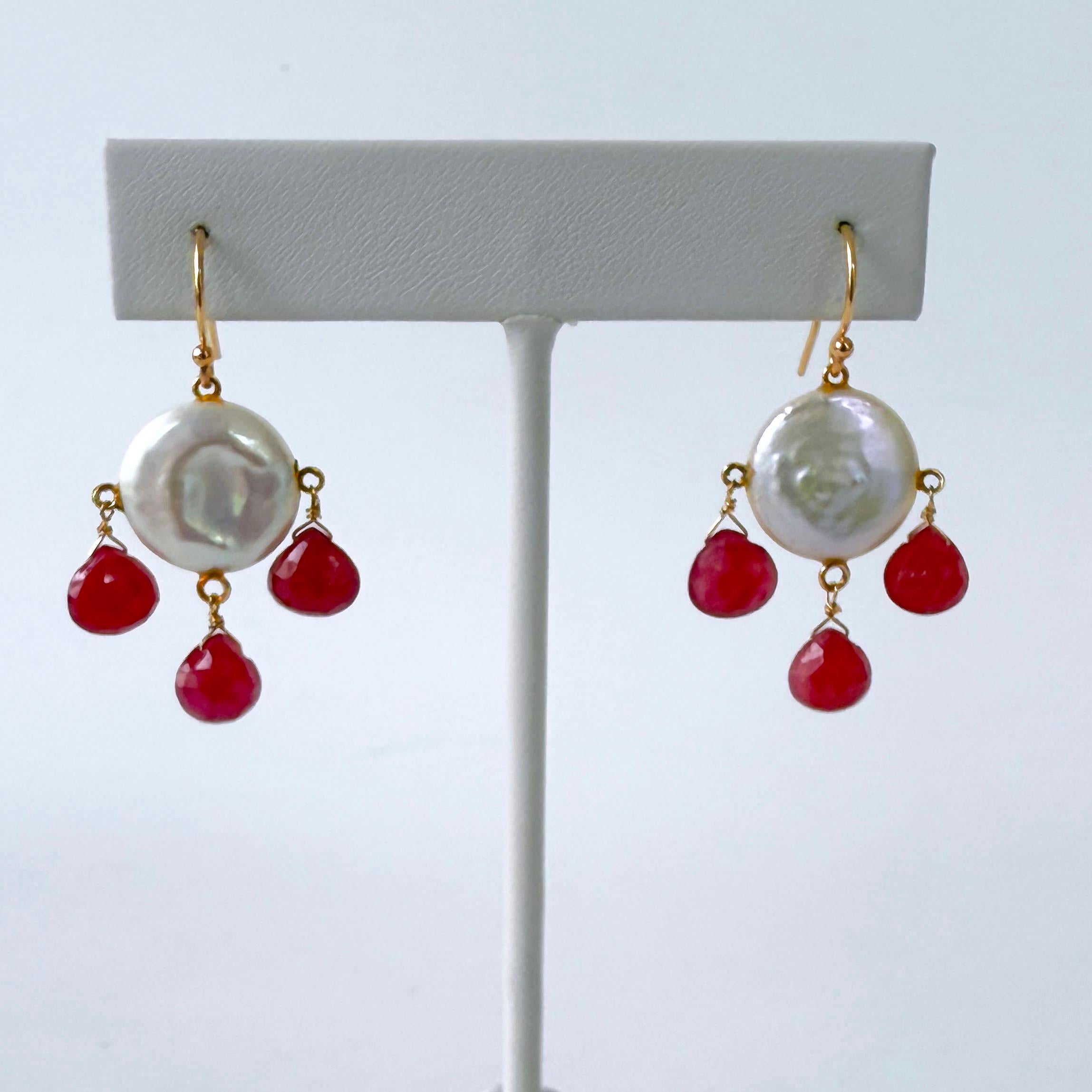Marina J. Ruby, Coin Pearl & Solid 14k Yellow Gold Chandelier Earrings For Sale 1