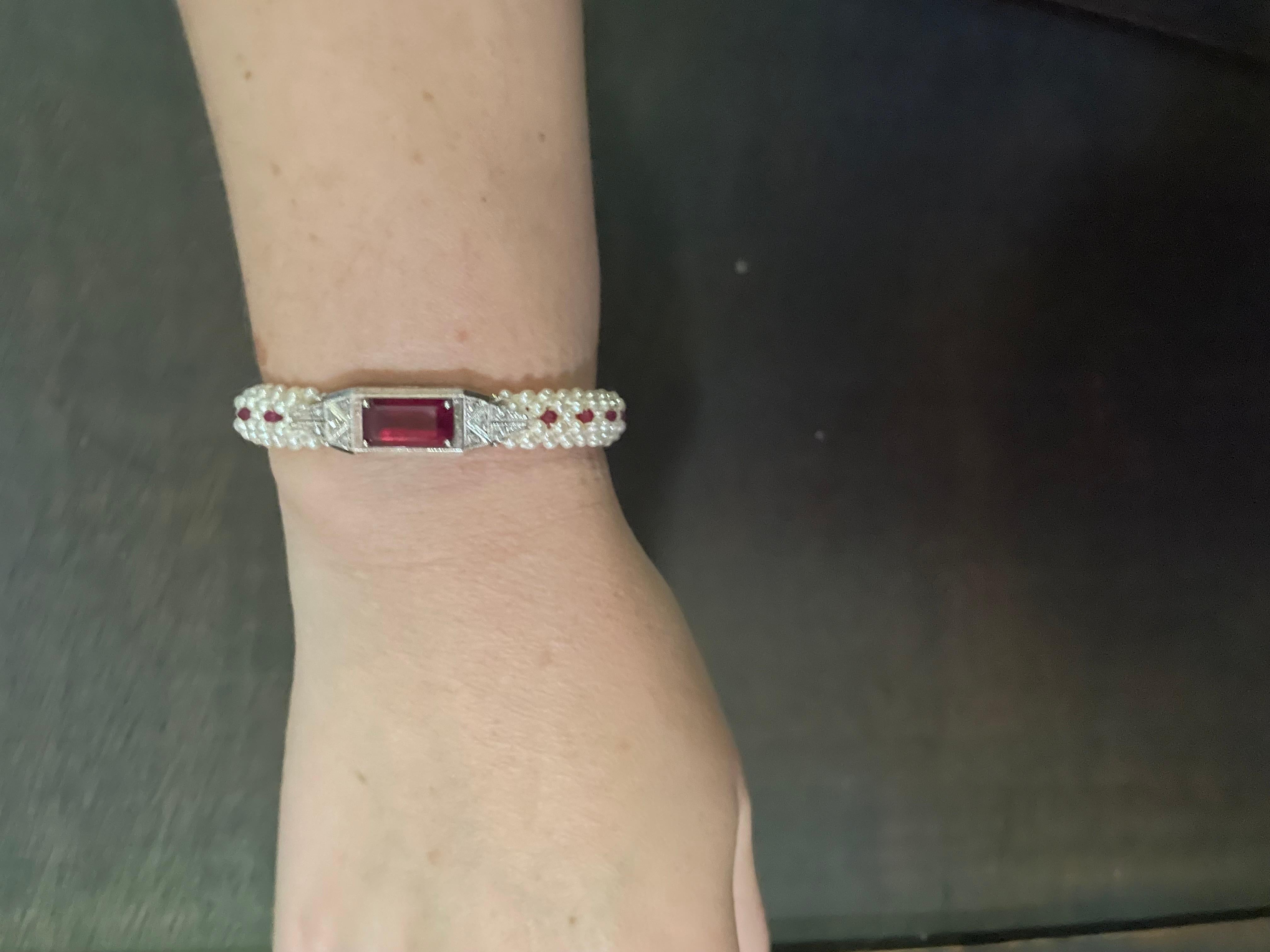 Marina J. Pulsera de Rubíes, Diamantes y Perlas con Oro Blanco Antiguo de 14k en venta 5