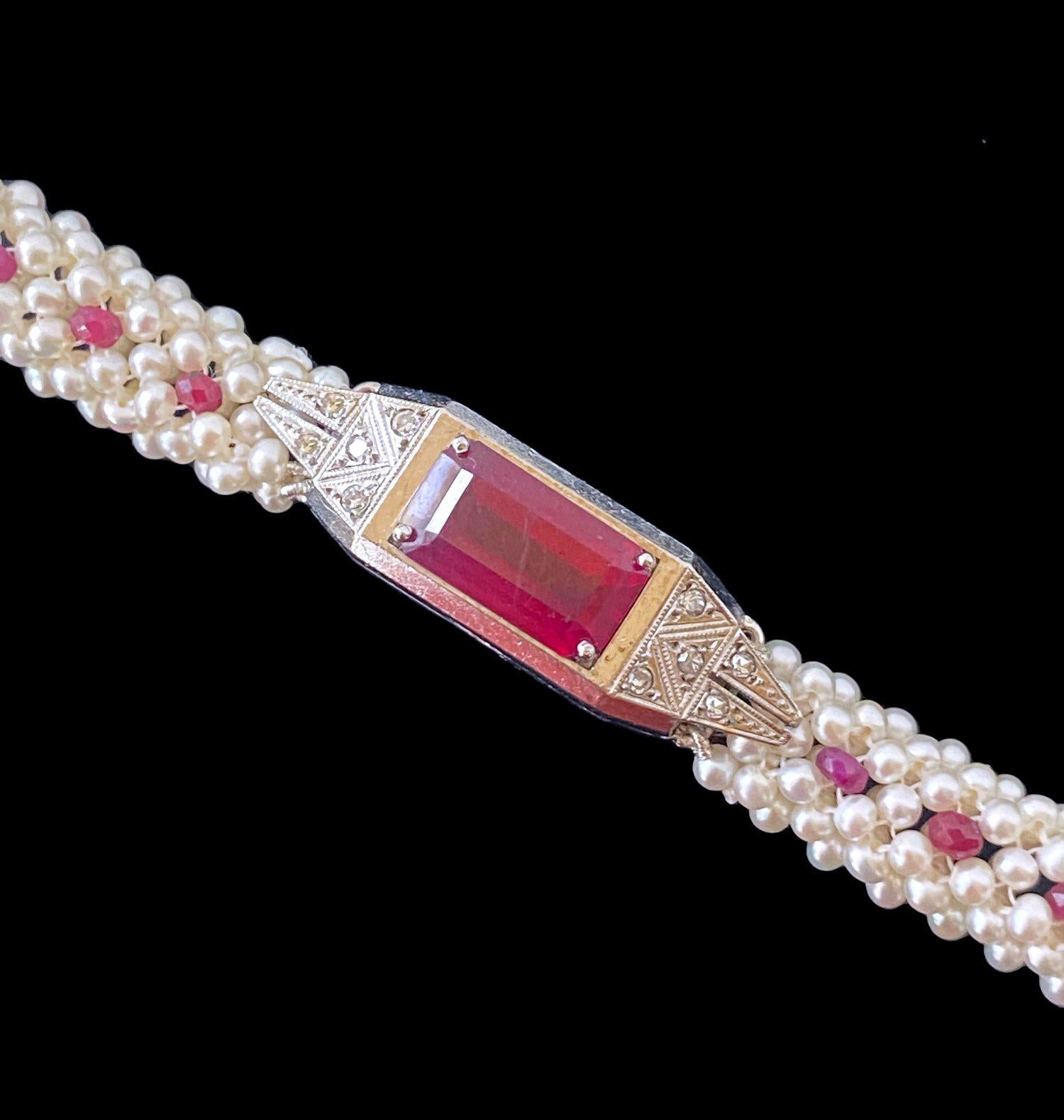 Marina J. Pulsera de Rubíes, Diamantes y Perlas con Oro Blanco Antiguo de 14k Artesano en venta