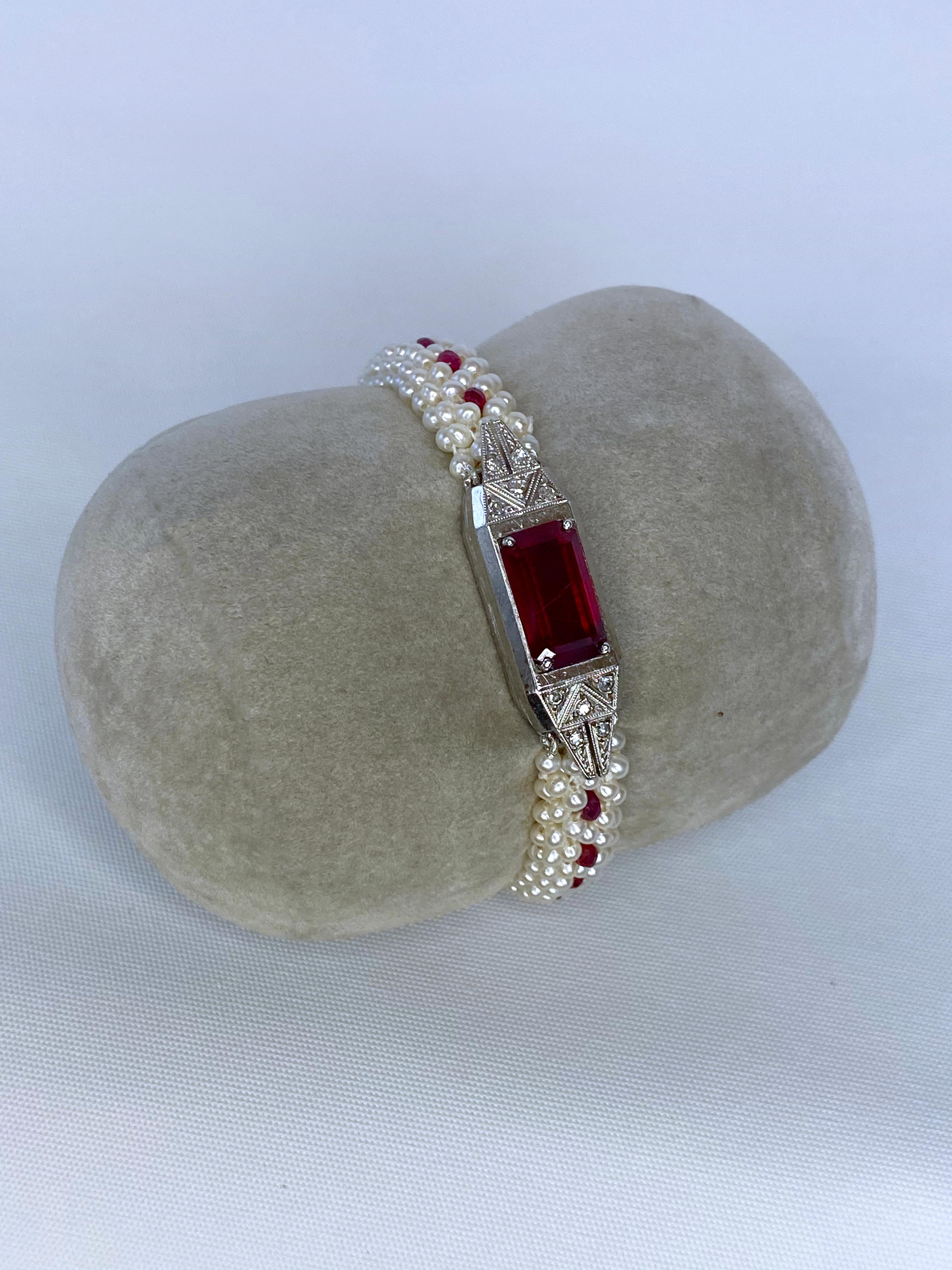 Marina J. Pulsera de Rubíes, Diamantes y Perlas con Oro Blanco Antiguo de 14k en venta 1