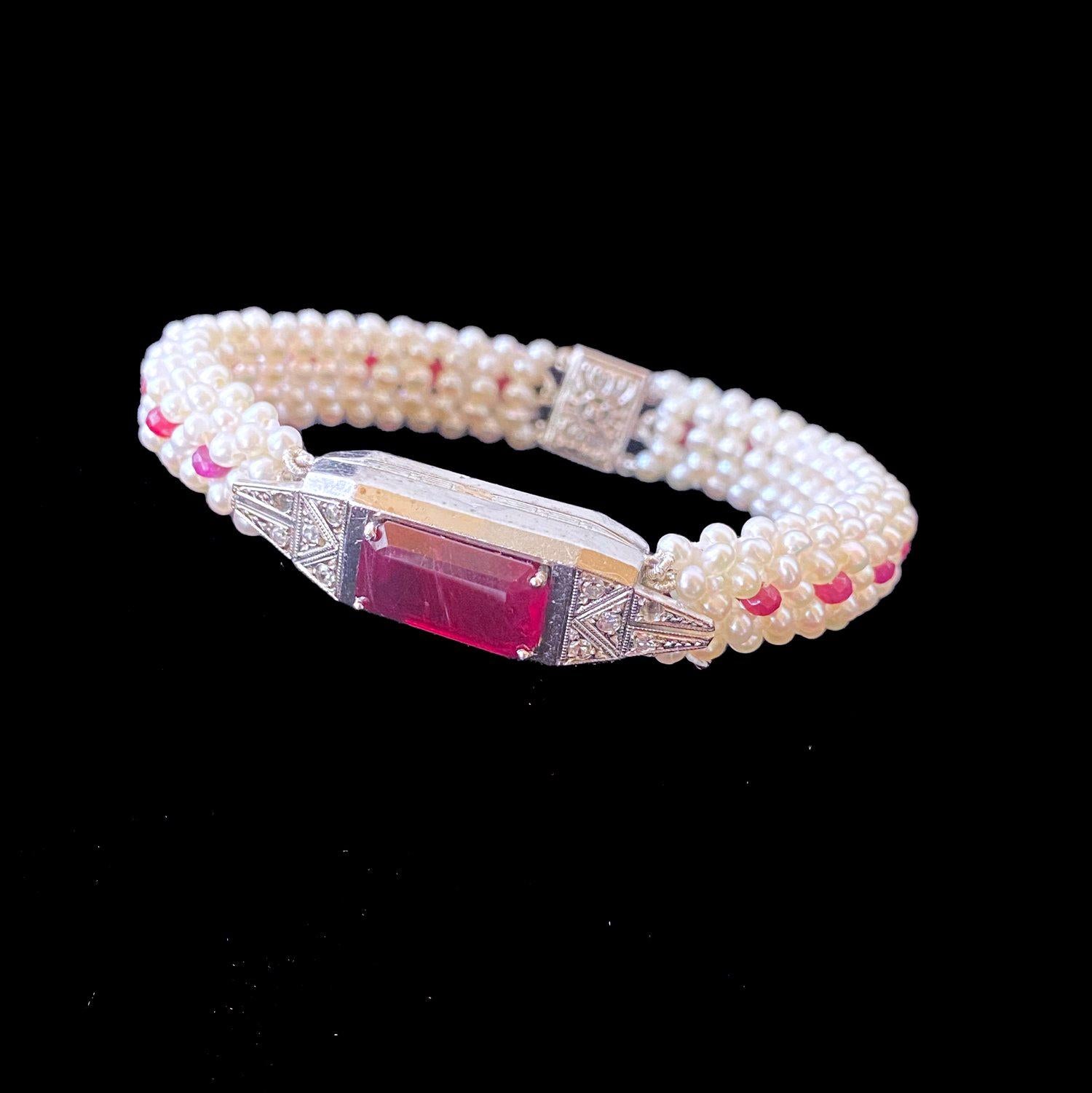Marina J. Pulsera de Rubíes, Diamantes y Perlas con Oro Blanco Antiguo de 14k en venta 3