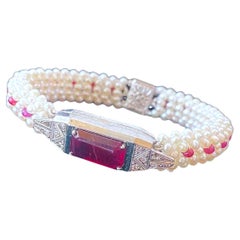 Marina J. Bracciale con rubini, diamanti e perle in oro bianco antico 14k