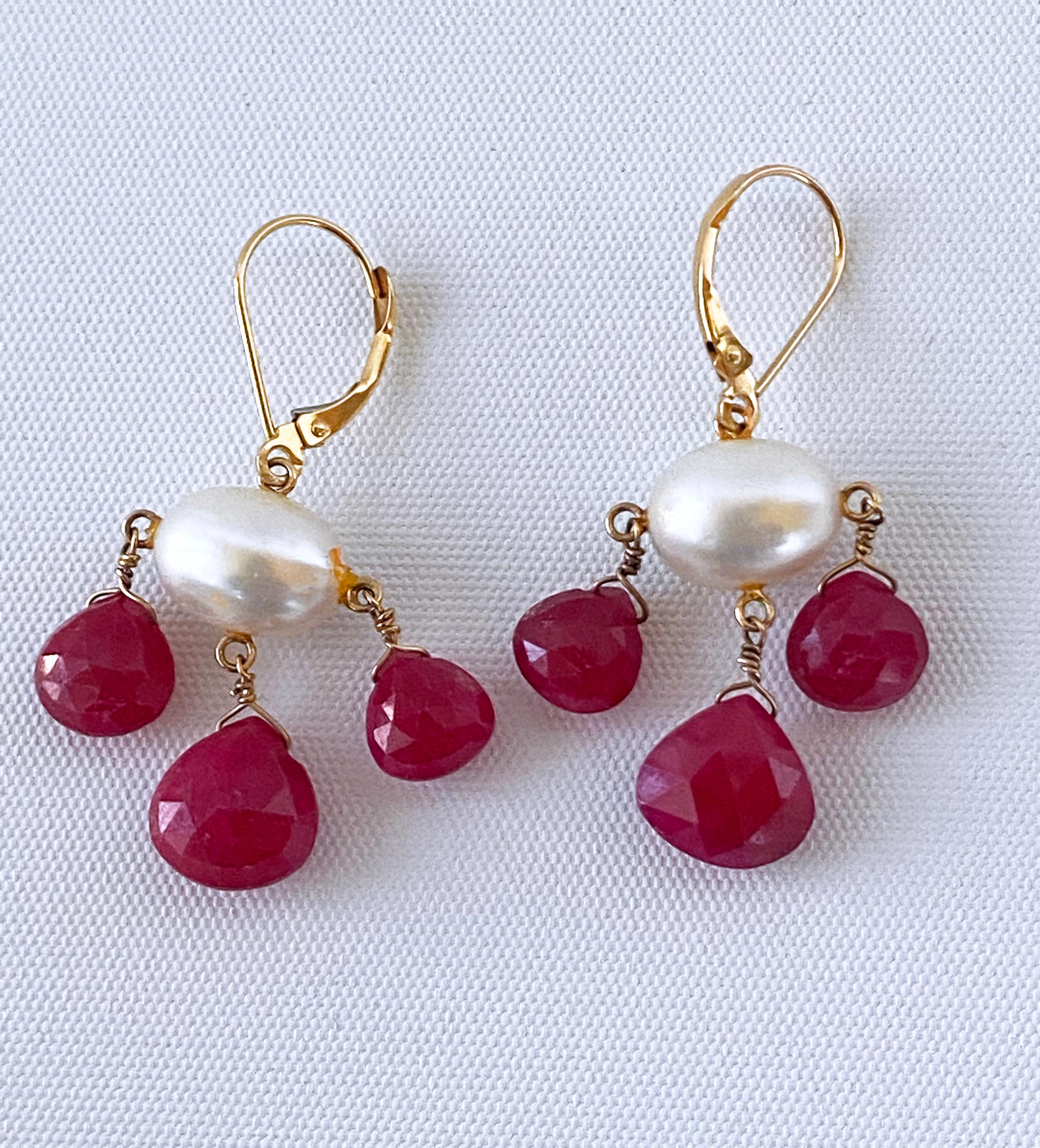 Pear Cut Marina J. Ruby, Pearl & 14k Yellow Gold Lever Back Chandelier Earrings For Sale