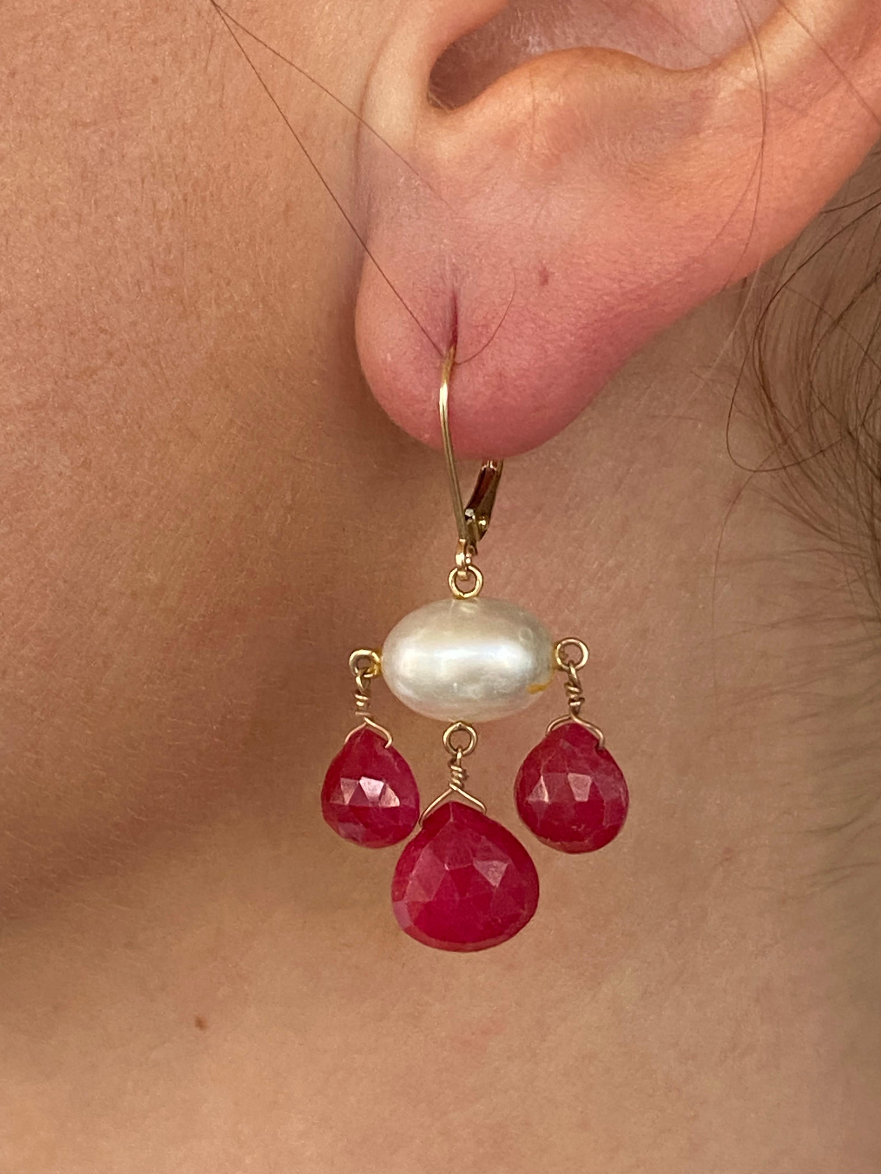 Artisan Marina J. Ruby, Pearl & 14k Yellow Gold Lever Back Chandelier Earrings For Sale