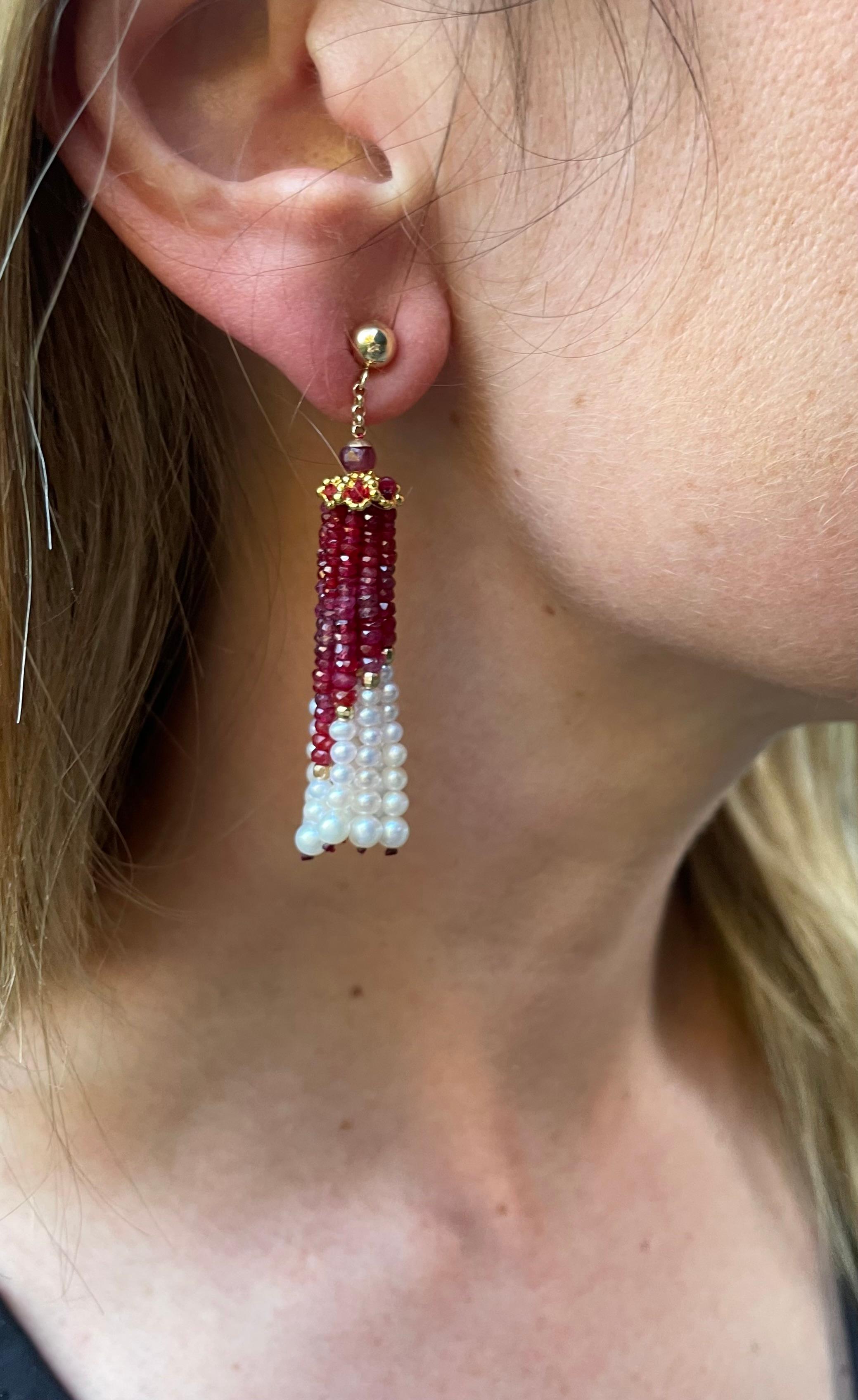 Marina J. Orecchini di rubini, perle e oro giallo massiccio 14k con nappe graduate in vendita 1