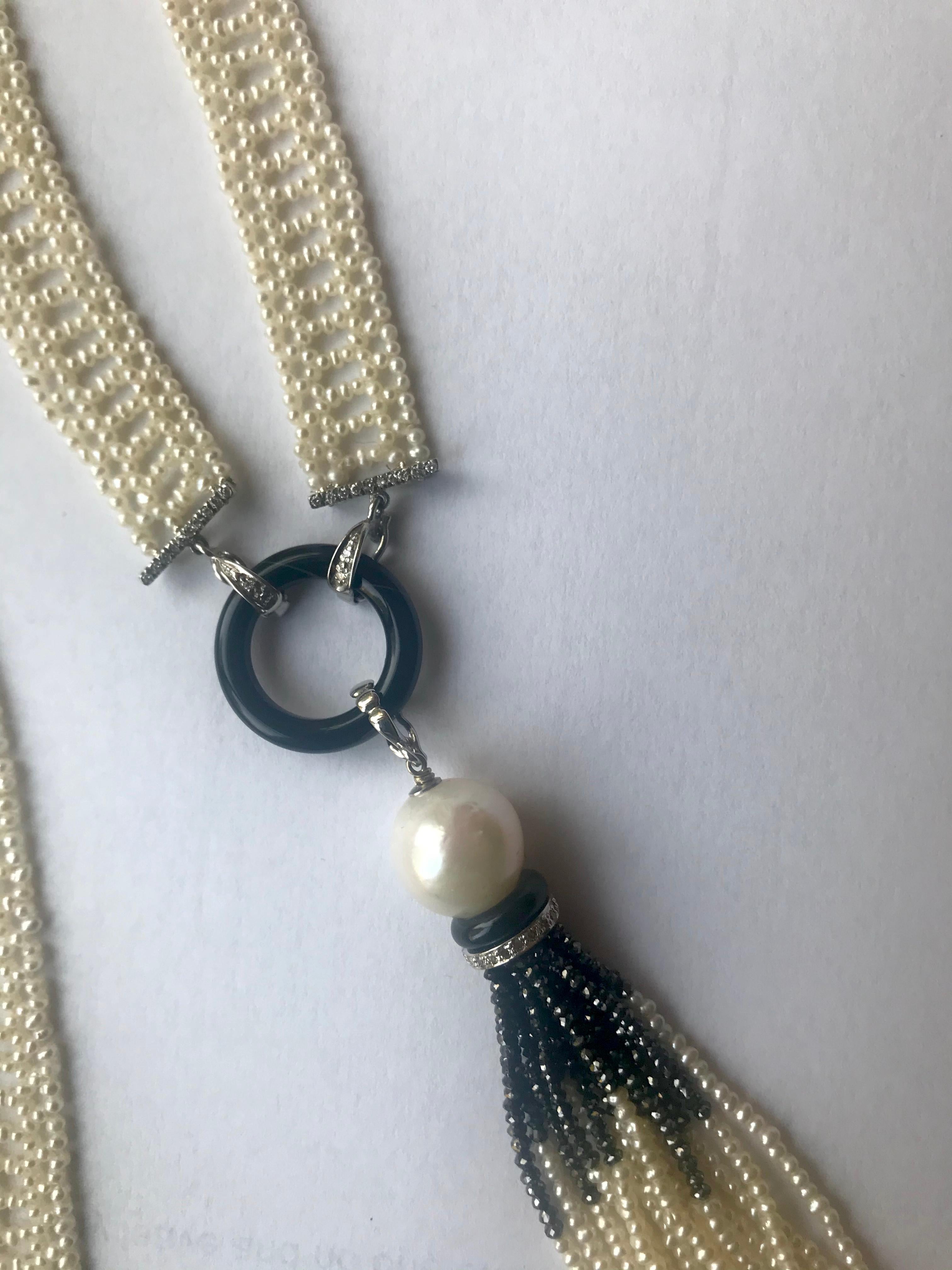 Artisan Marina J. Seed Pearl Sautoir with Onyx Ring, Gold Pearl and Black Spinel Tassel