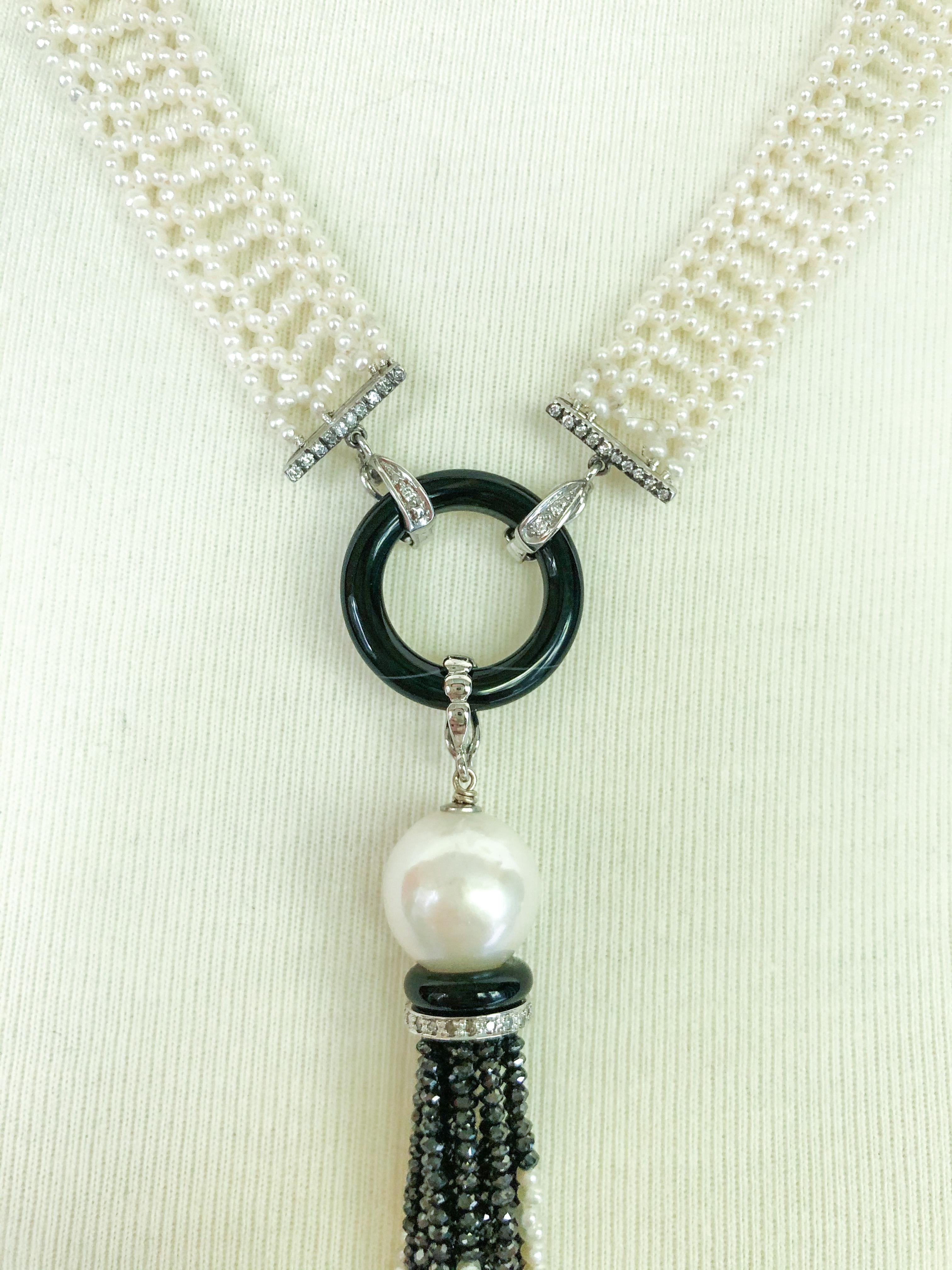 Marina J. Seed Pearl Sautoir with Onyx Ring, Gold Pearl and Black Spinel Tassel 4