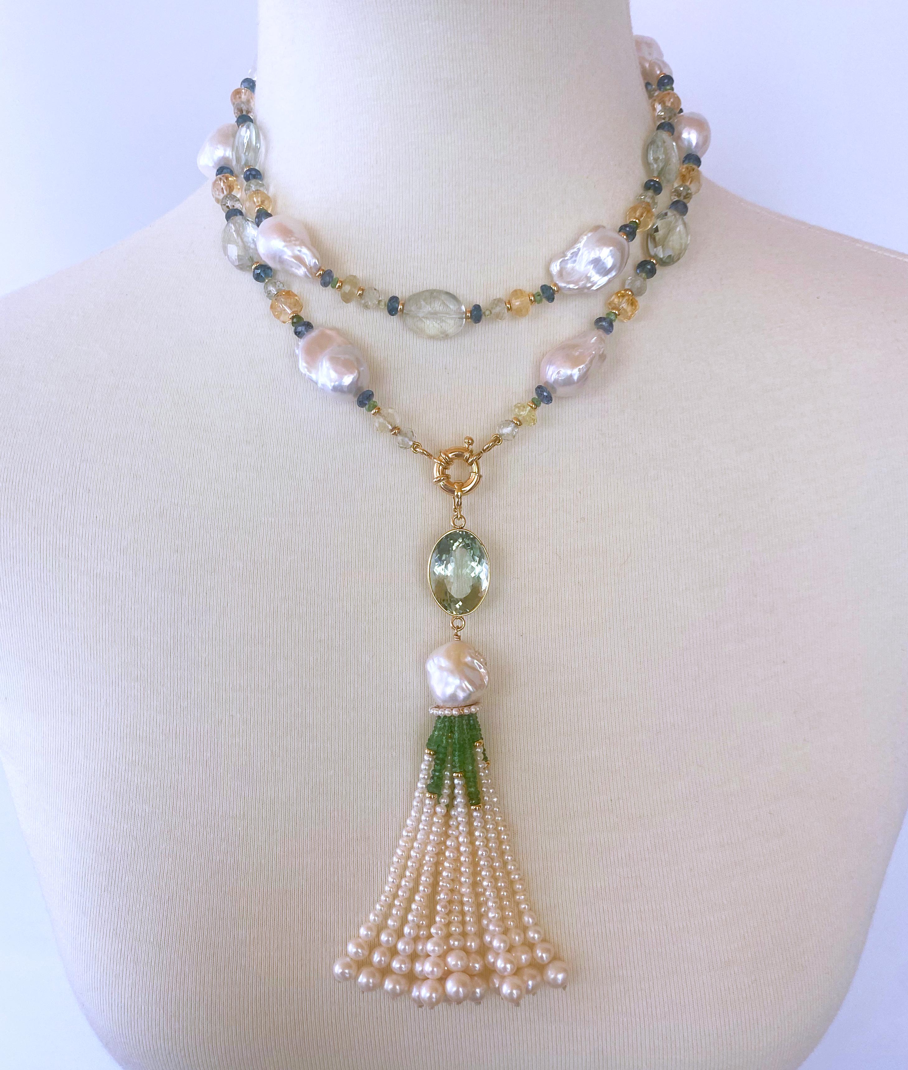 Gorgeous piece hand made by Marina J. This stunning Sautoir is made using multi shaped and colored Semi Precious Stones all strung together with gorgeous high luster Baroque Pearls. Large Green Amethyst, Citrine, London Blue Topaz, Aquamarine,