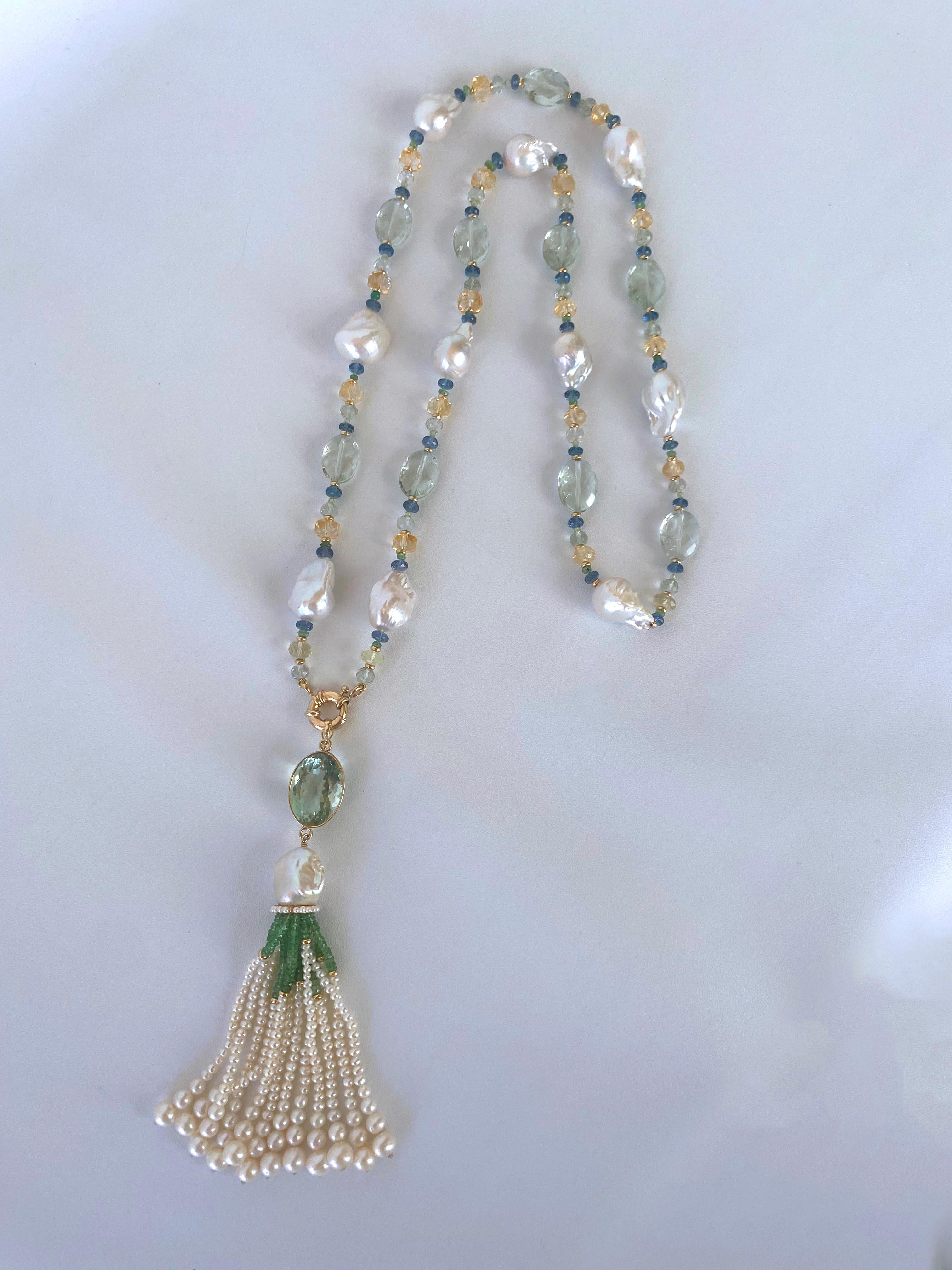 Taglio ovale Marina J. Semi Precious Gem Sautoir with Green Amethyst Tassel & 14k Yellow Gold in vendita