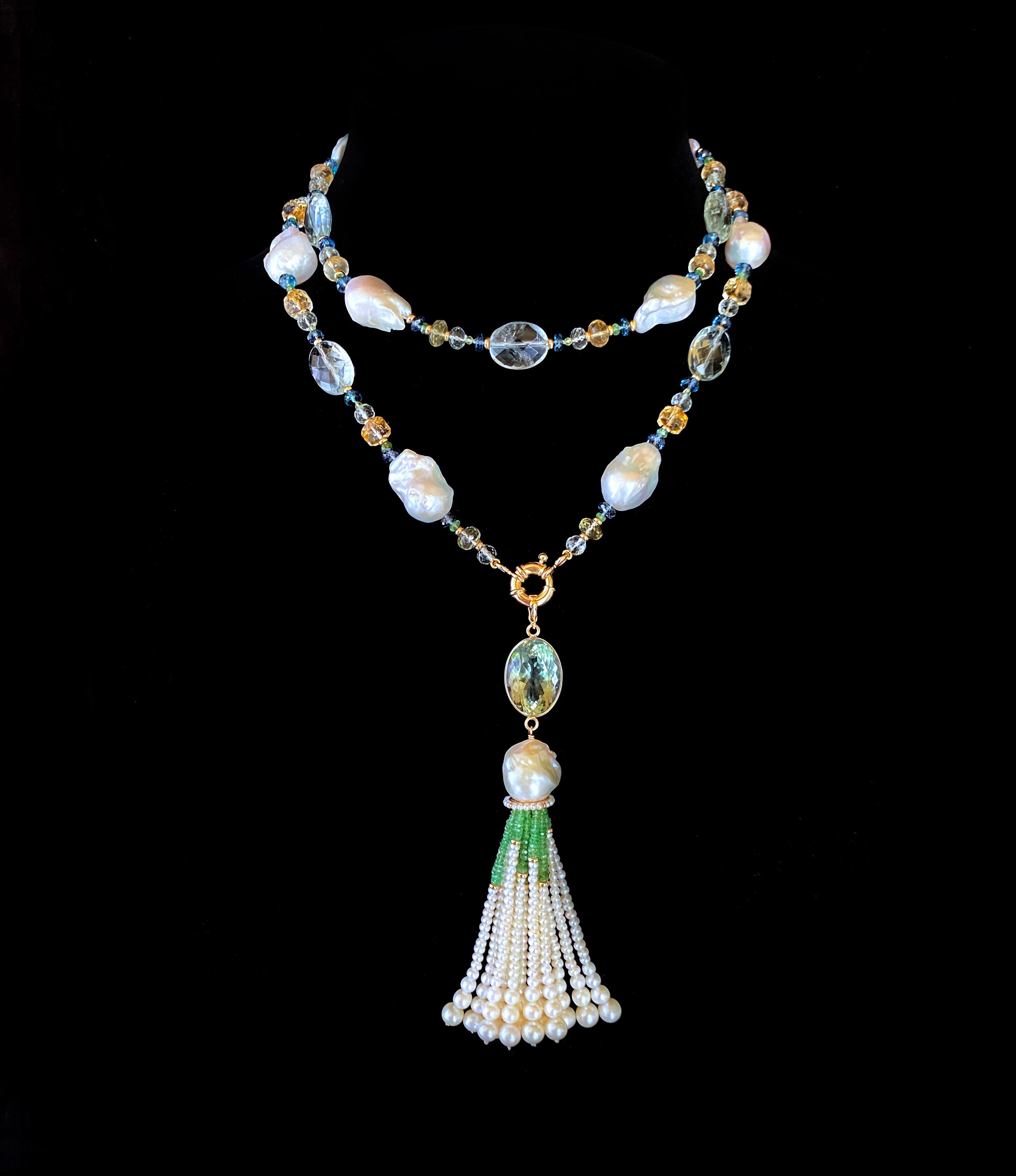 Donna Marina J. Semi Precious Gem Sautoir with Green Amethyst Tassel & 14k Yellow Gold in vendita