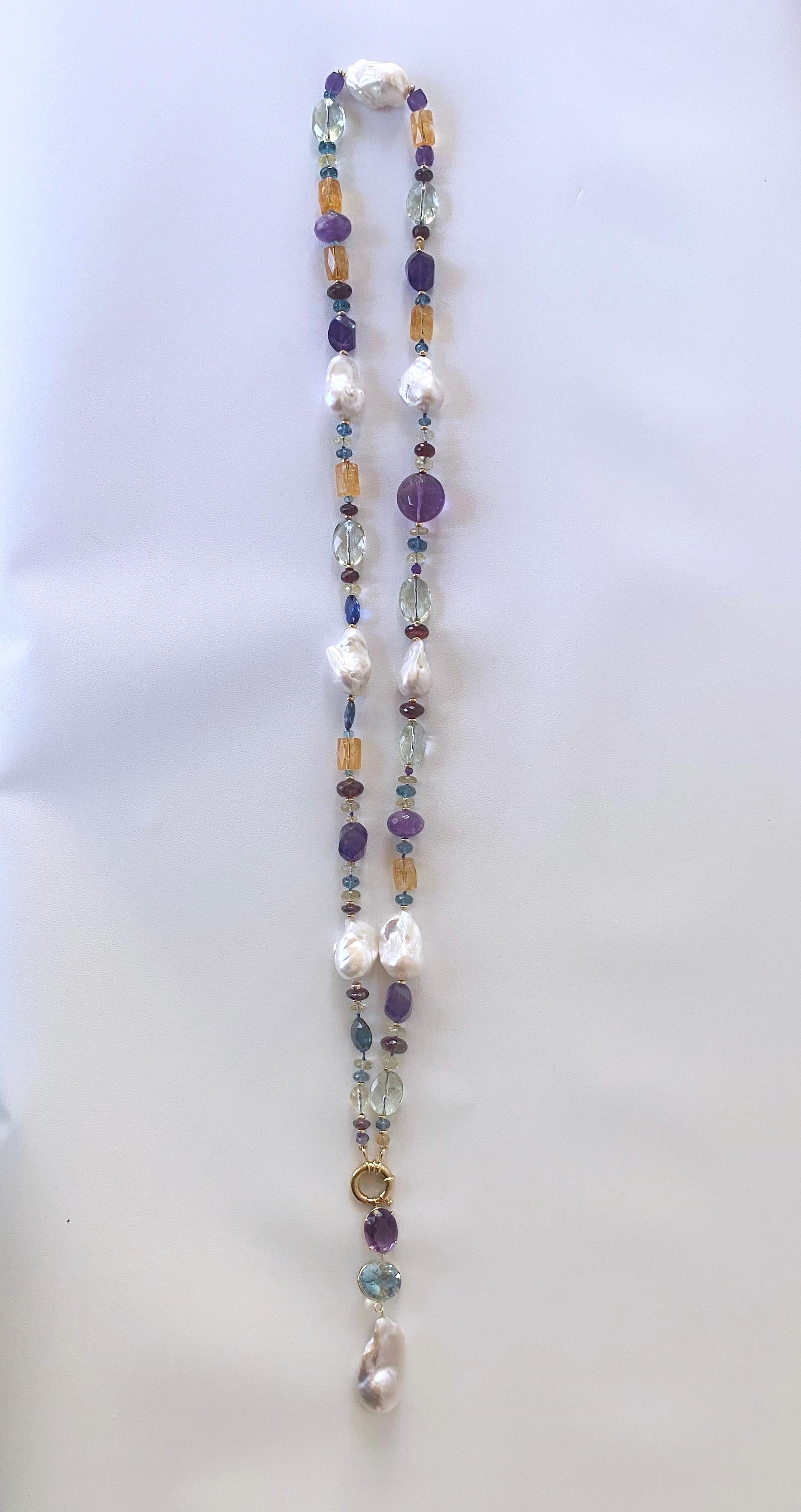 Marina J Pearl & Multi-color Semiprecious Gems  Sautoir  & 14k Yellow Gold clasp In New Condition In Los Angeles, CA