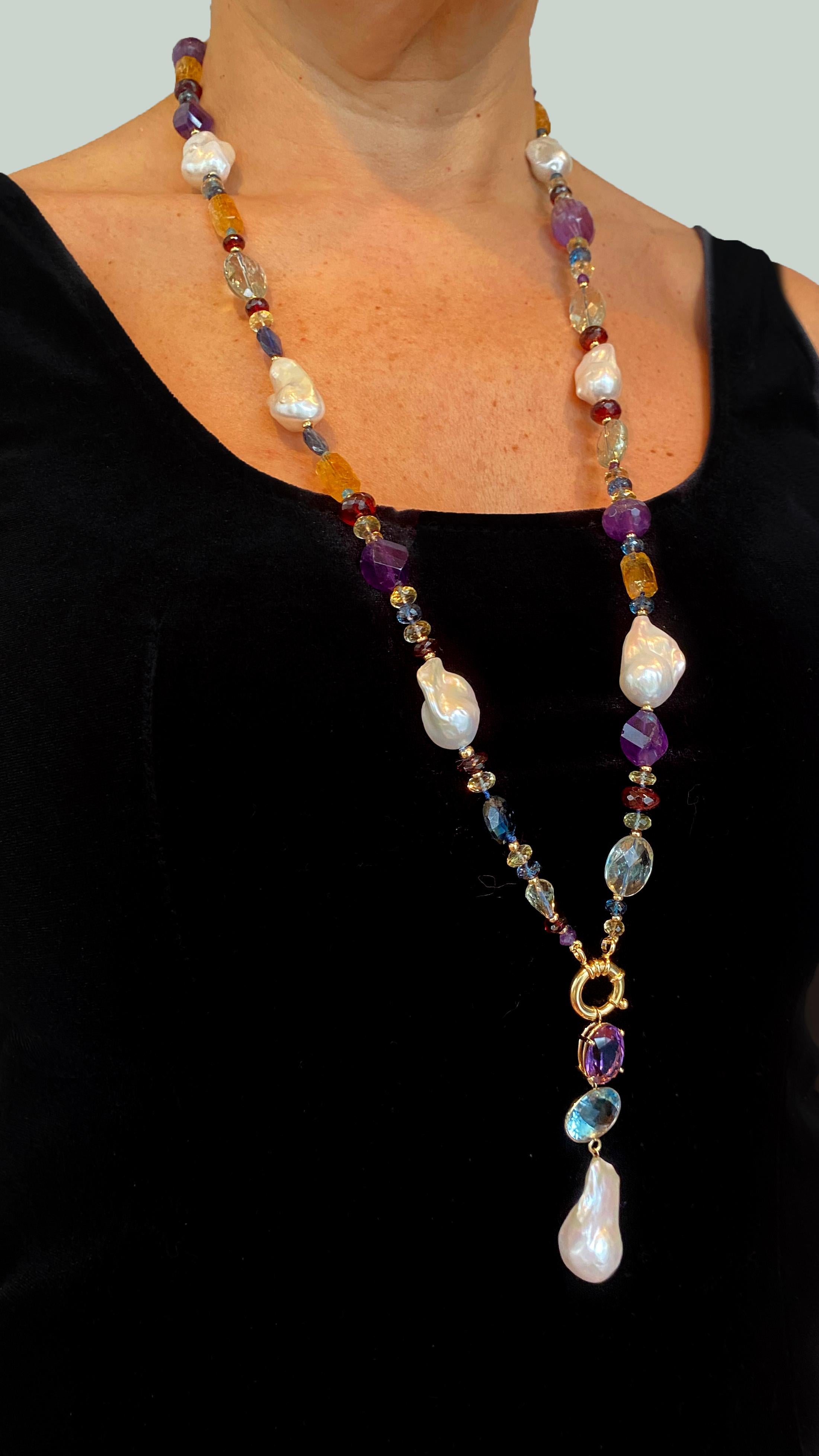 Women's Marina J Pearl & Multi-color Semiprecious Gems  Sautoir  & 14k Yellow Gold clasp