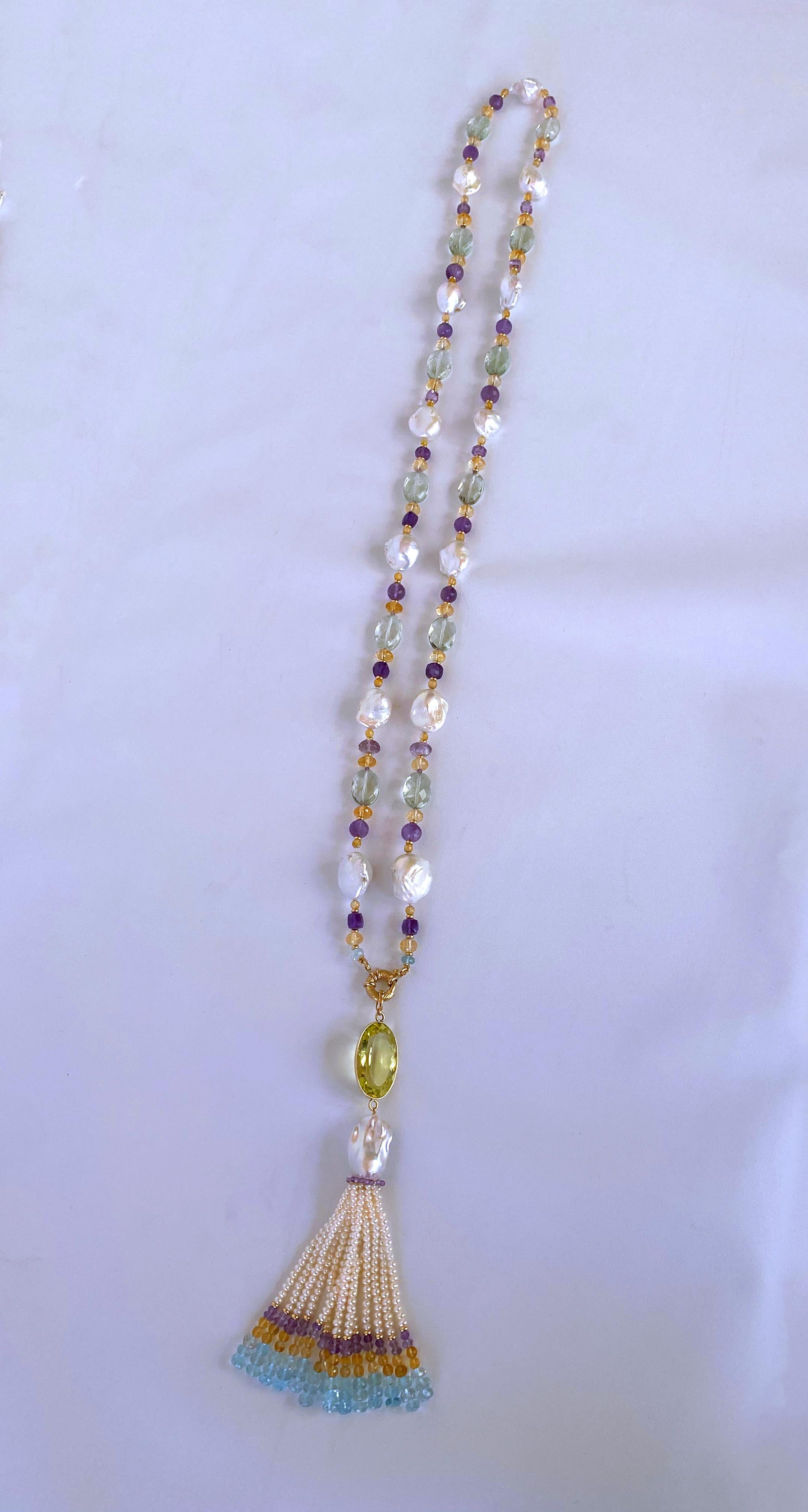 Marina J. Semi Precious Stone Sautoir with Baroque Pearls & in 14k Yellow Gold For Sale 4