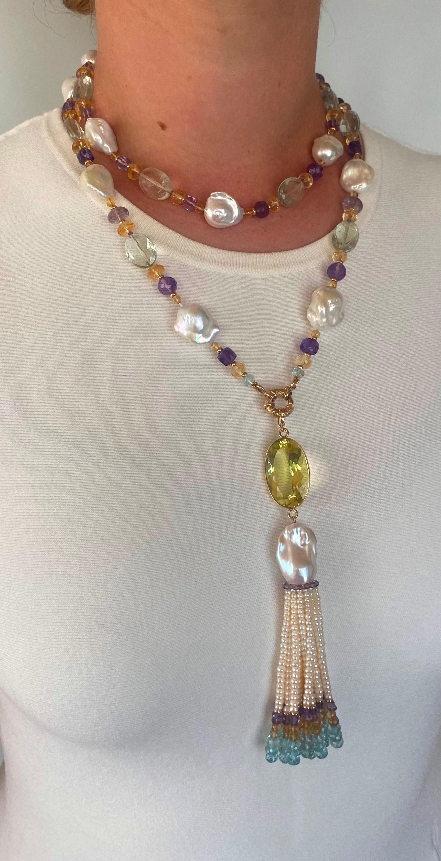 Marina J. Semi Precious Stone Sautoir with Baroque Pearls & in 14k Yellow Gold For Sale 5