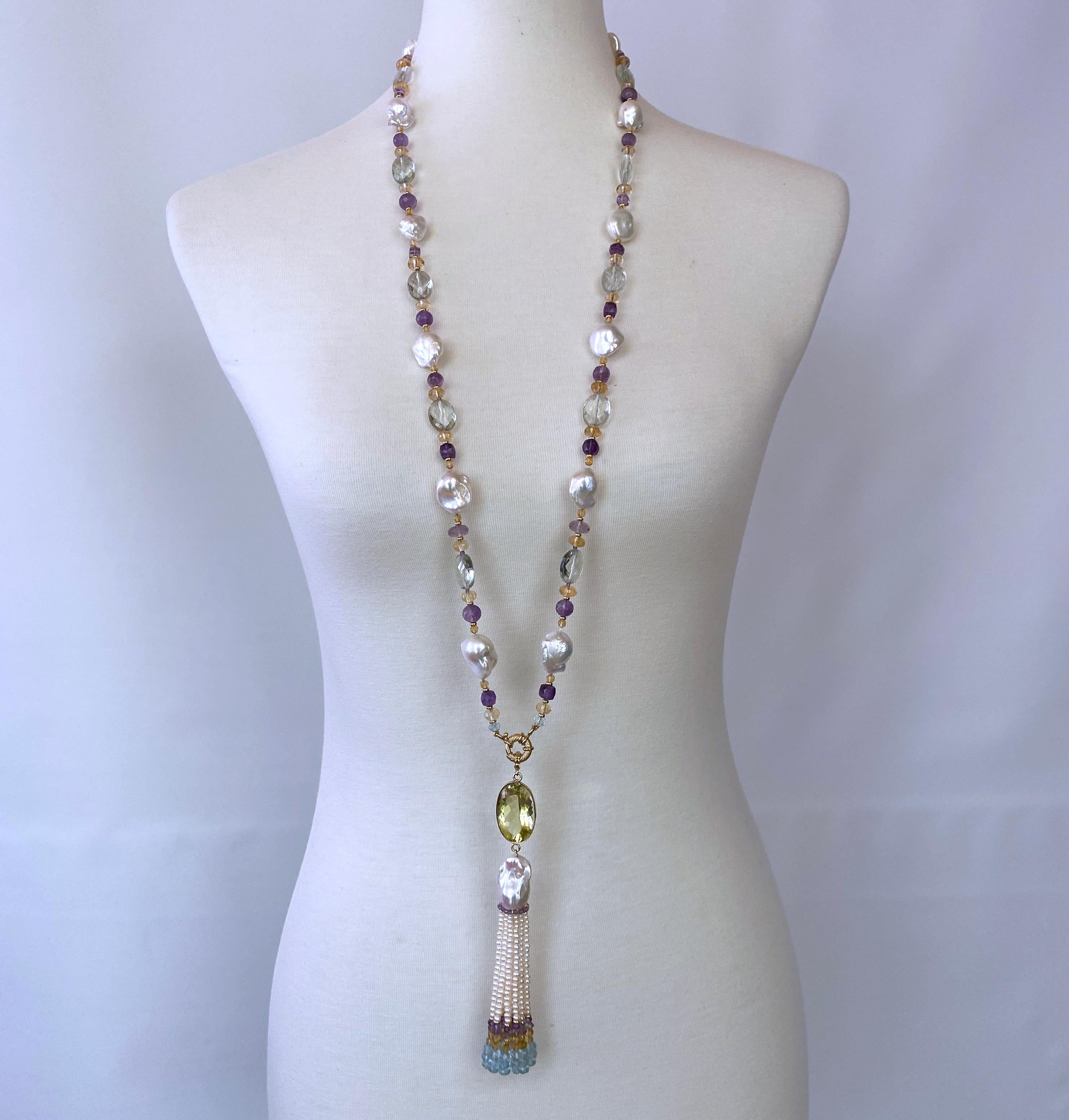 Oval Cut Marina J. Semi Precious Stone Sautoir with Baroque Pearls & in 14k Yellow Gold For Sale