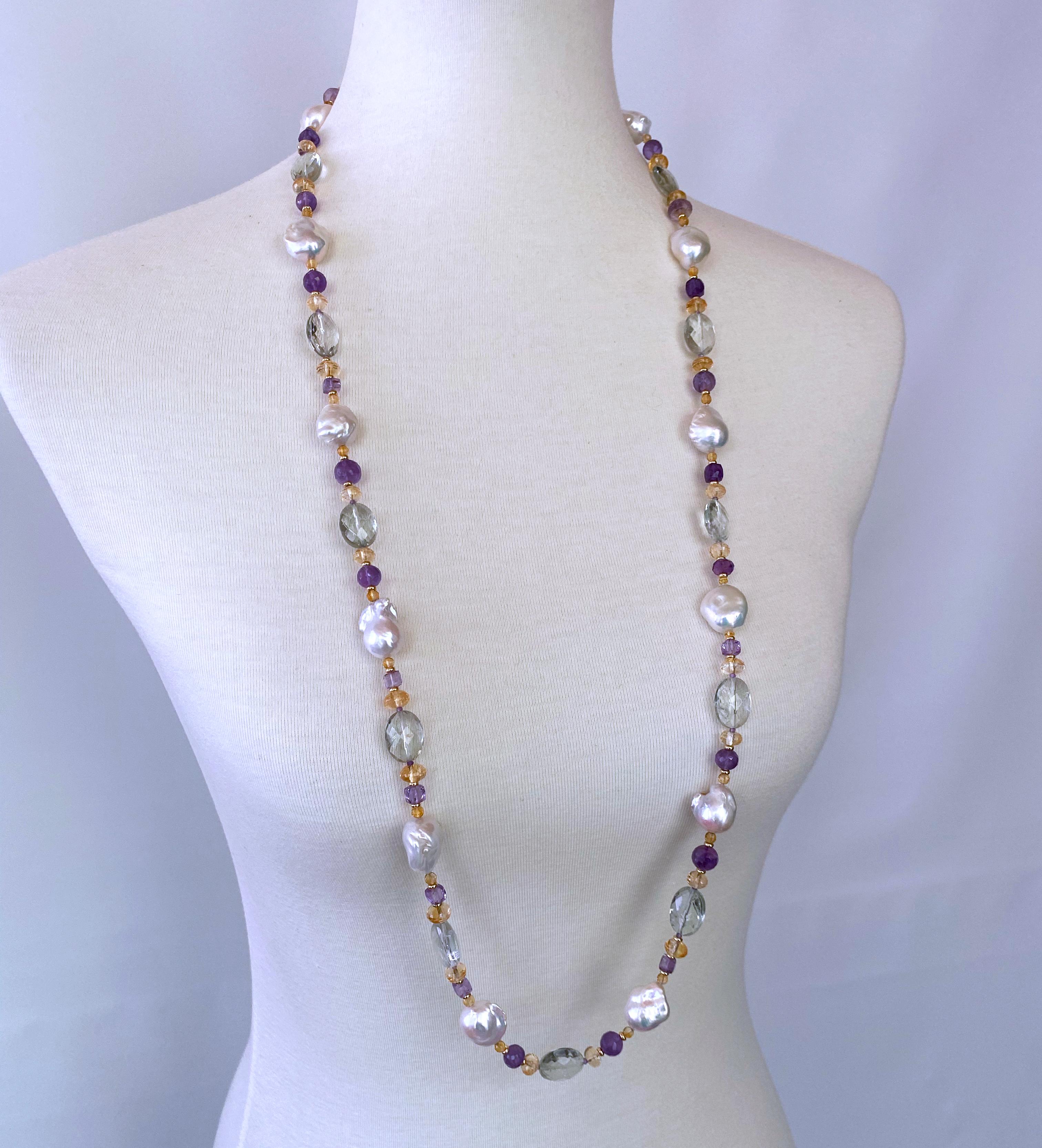 Women's Marina J. Semi Precious Stone Sautoir with Baroque Pearls & in 14k Yellow Gold For Sale