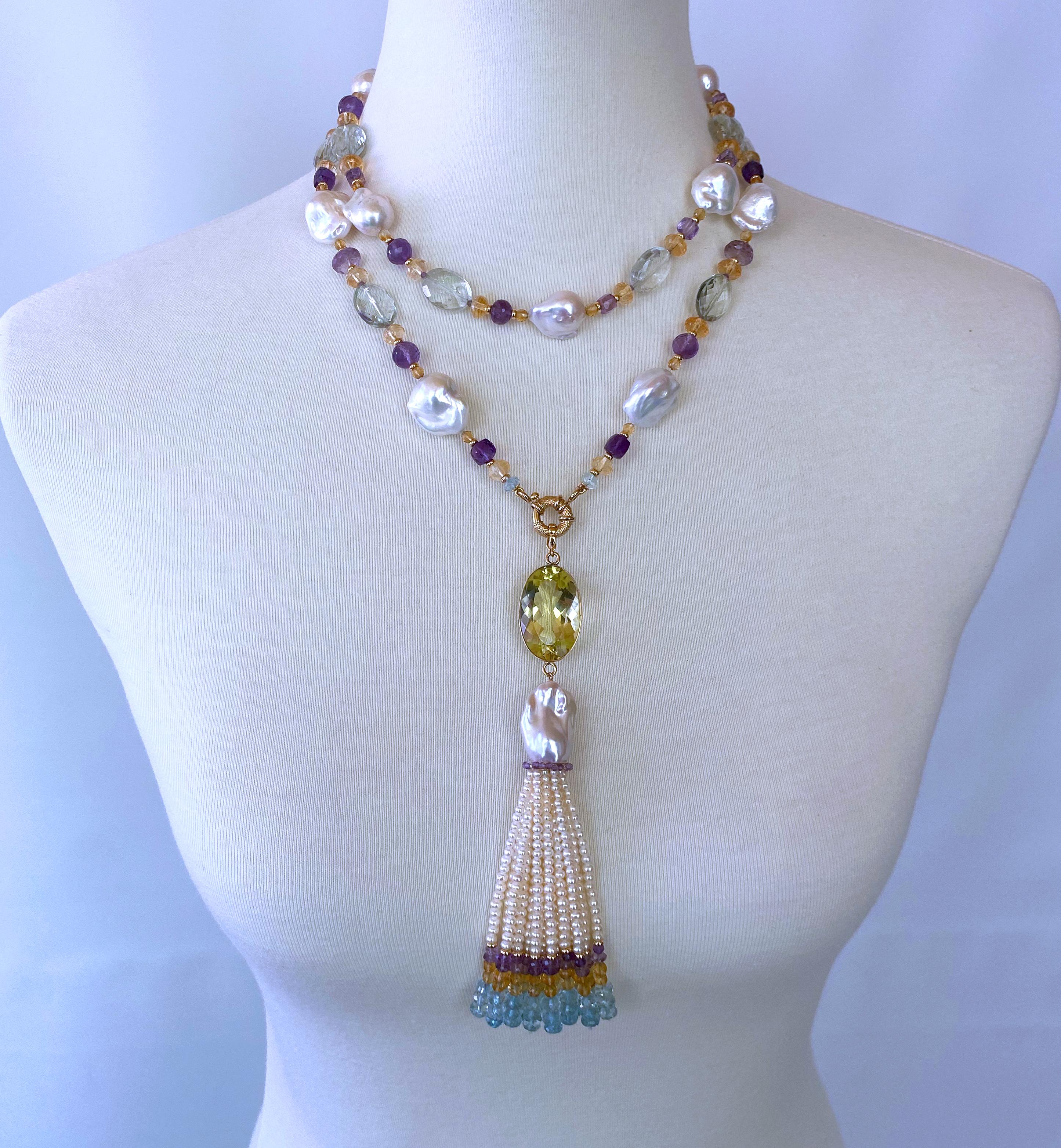 Marina J. Semi Precious Stone Sautoir with Baroque Pearls & in 14k Yellow Gold For Sale 1