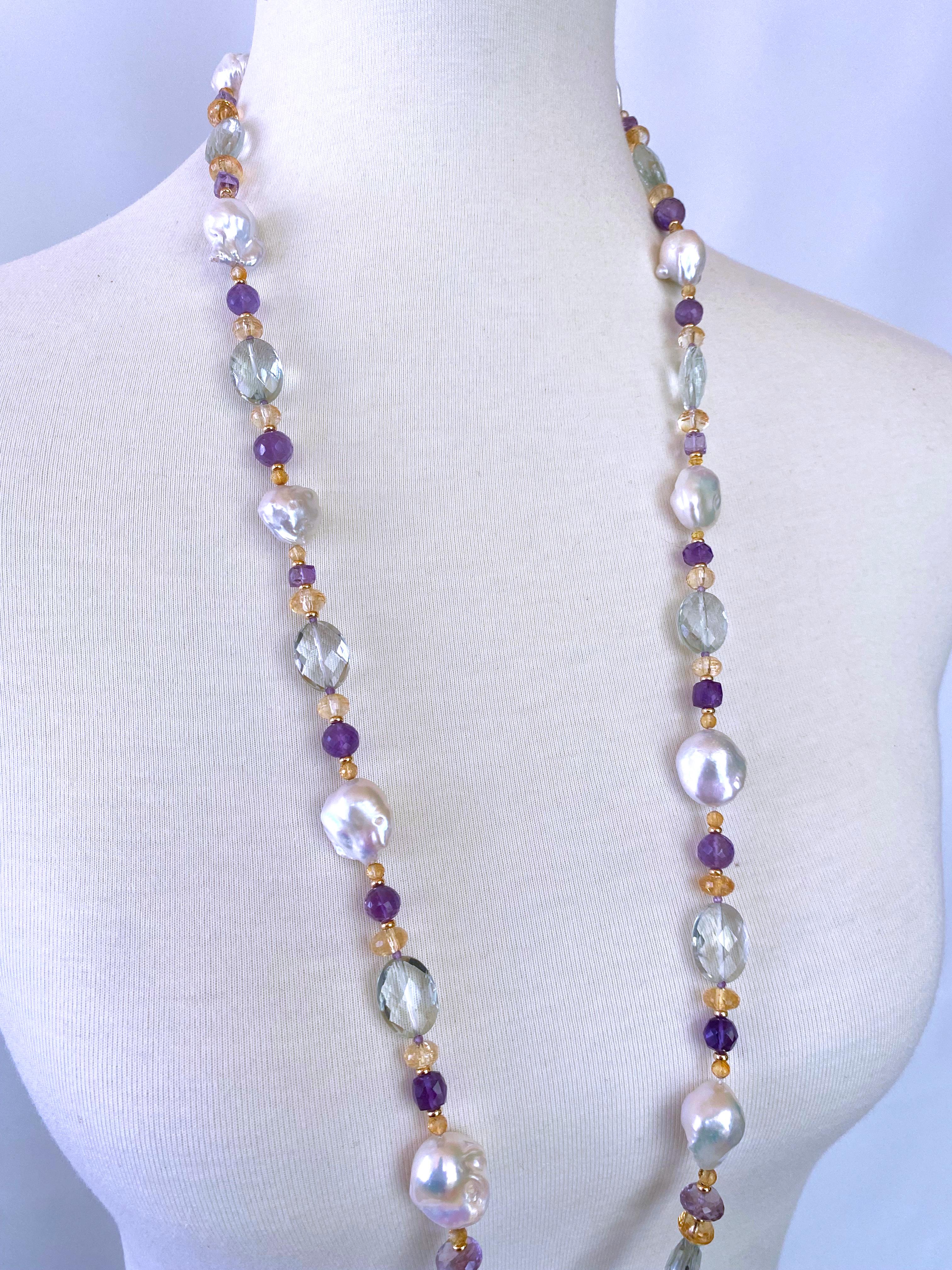 Marina J. Semi Precious Stone Sautoir with Baroque Pearls & in 14k Yellow Gold For Sale 2