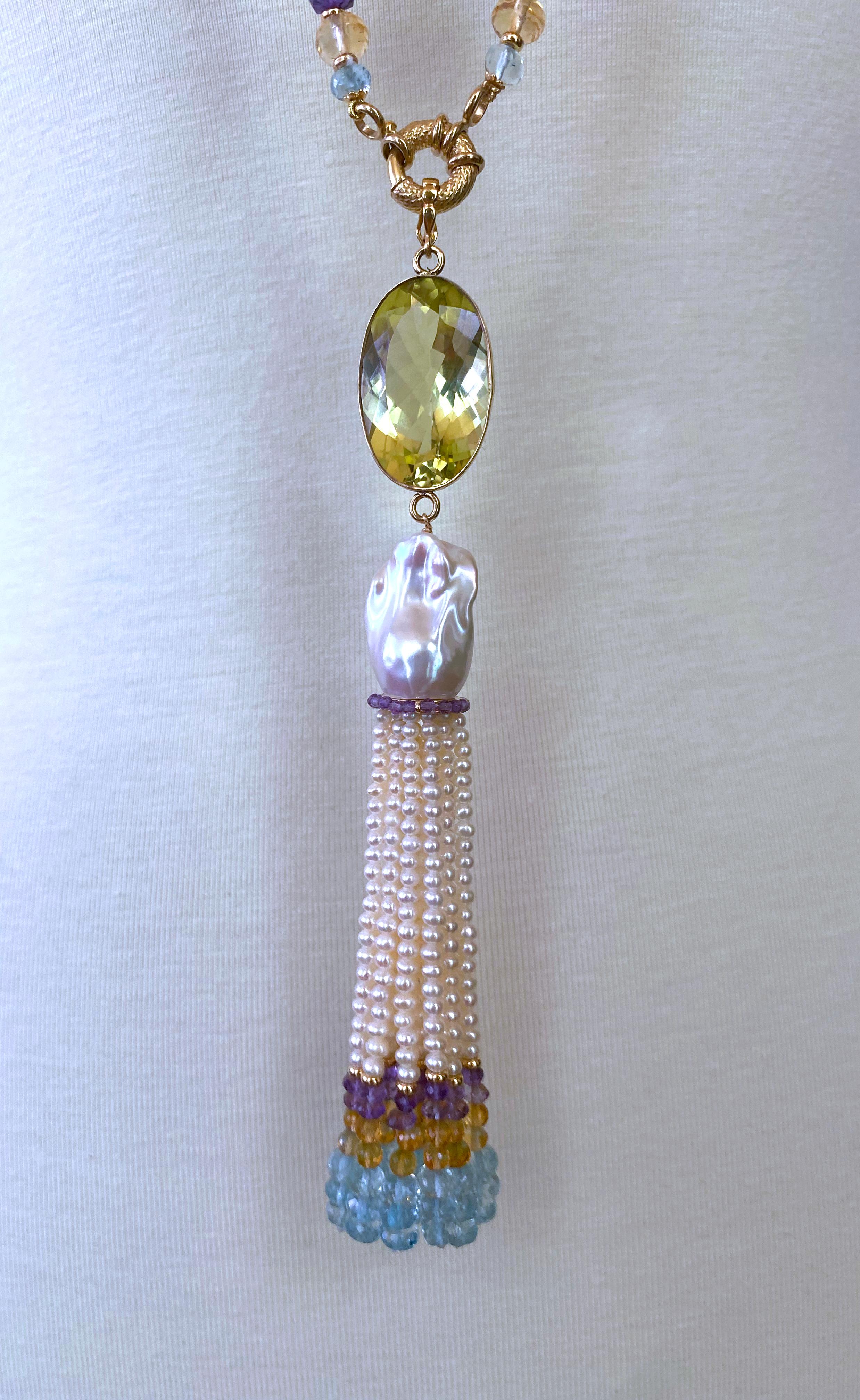 Marina J. Semi Precious Stone Sautoir with Baroque Pearls & in 14k Yellow Gold For Sale 3