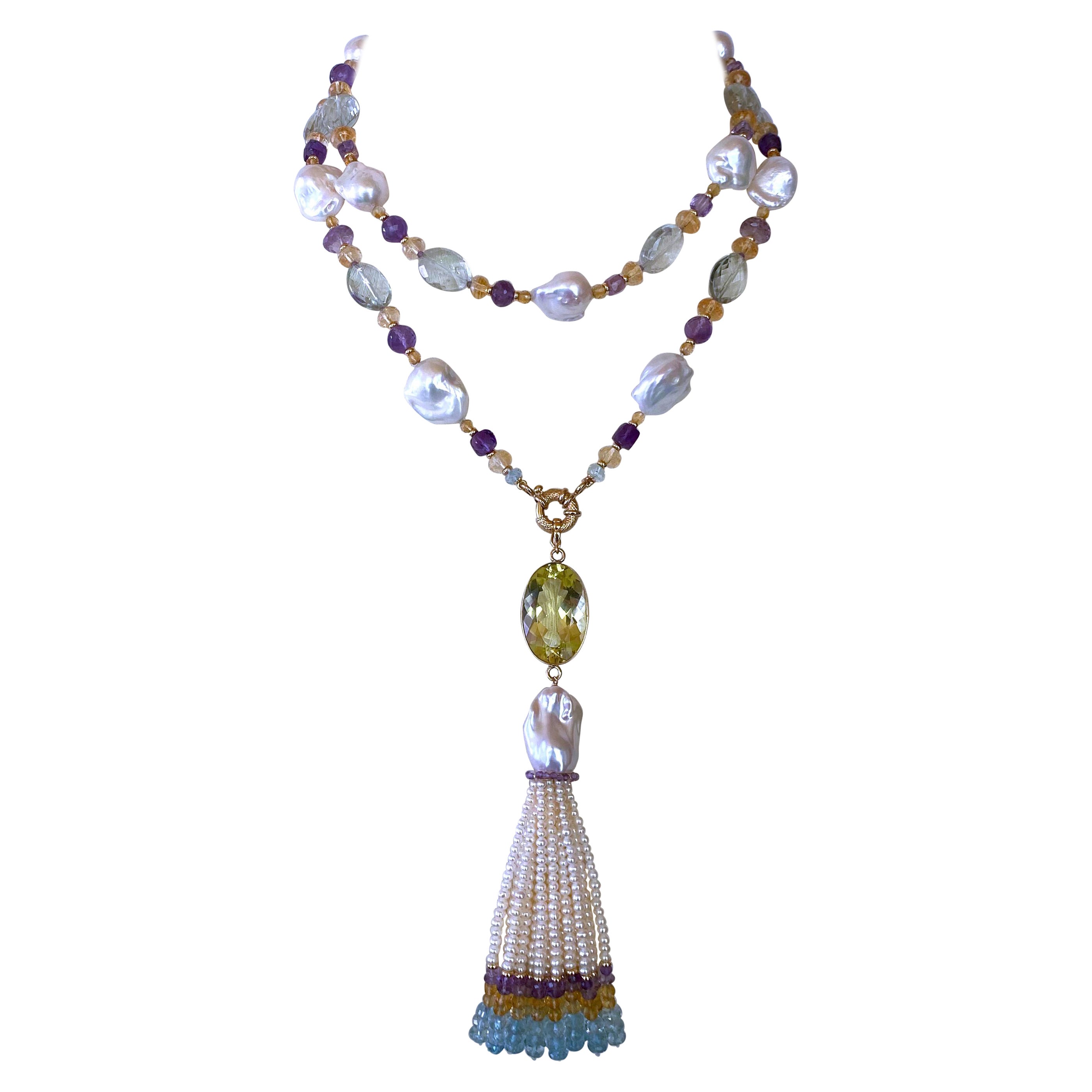 Marina J. Semi Precious Stone Sautoir with Baroque Pearls & in 14k Yellow Gold For Sale
