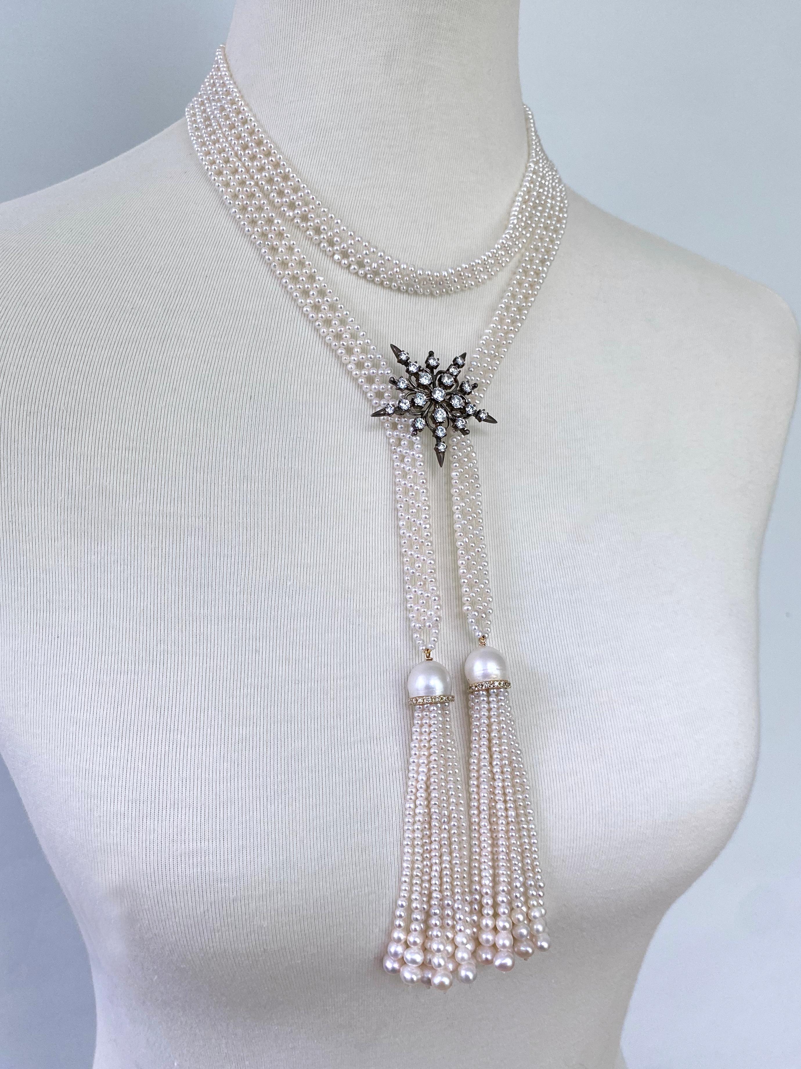 Beautiful and elegant classic Sautoir by Marina J. This Sautoir features perfect seed Pearls all intricately woven together into a fine lace like design. Measuring 42 inches long sans Tassels, this Sautoir's length allows it to be worn in multiple