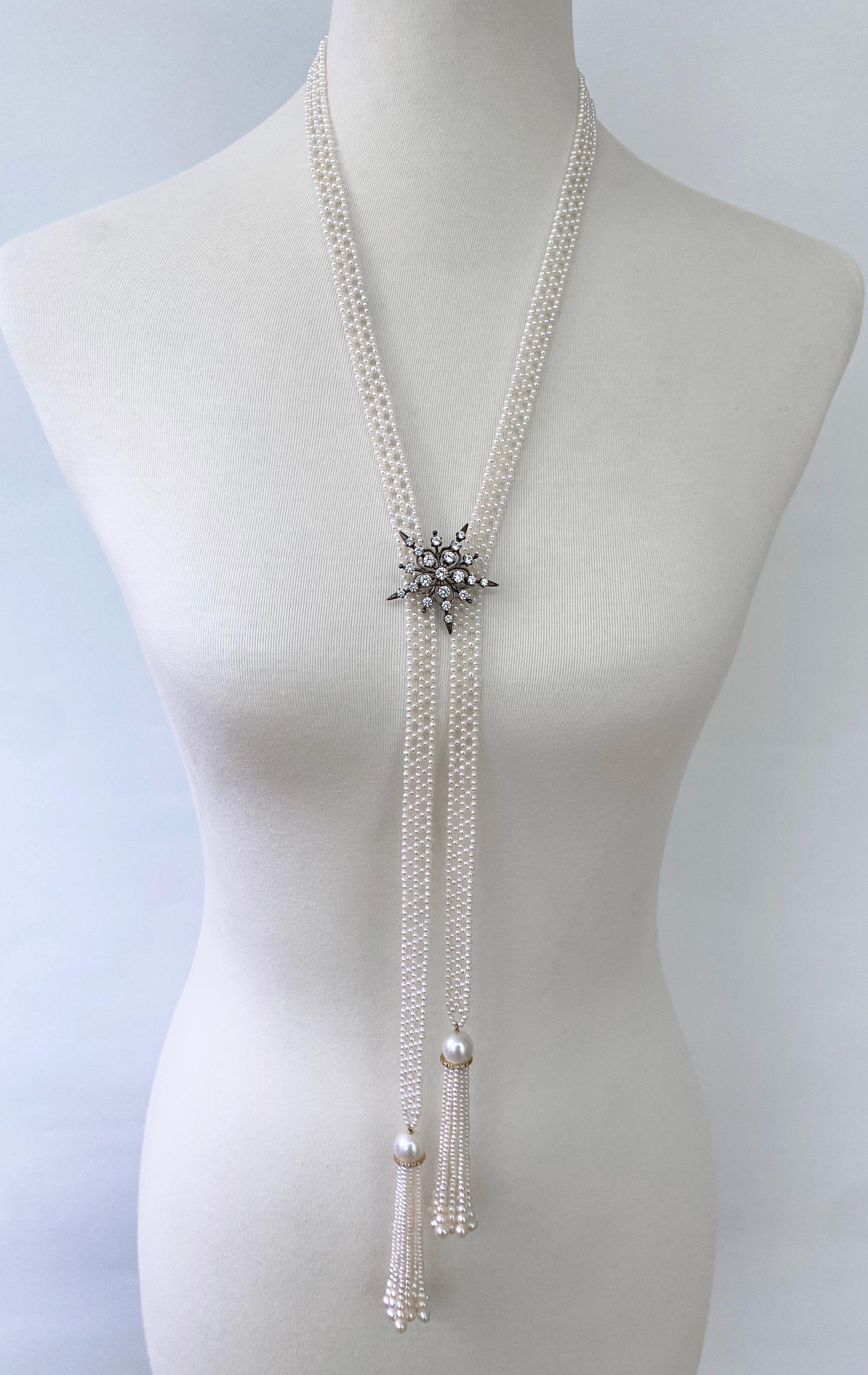 Marina J. Größeloses gewebtes Perlen-Sautoir mit Diamanten und massivem 14k Gelbgold (Kunsthandwerker*in) im Angebot