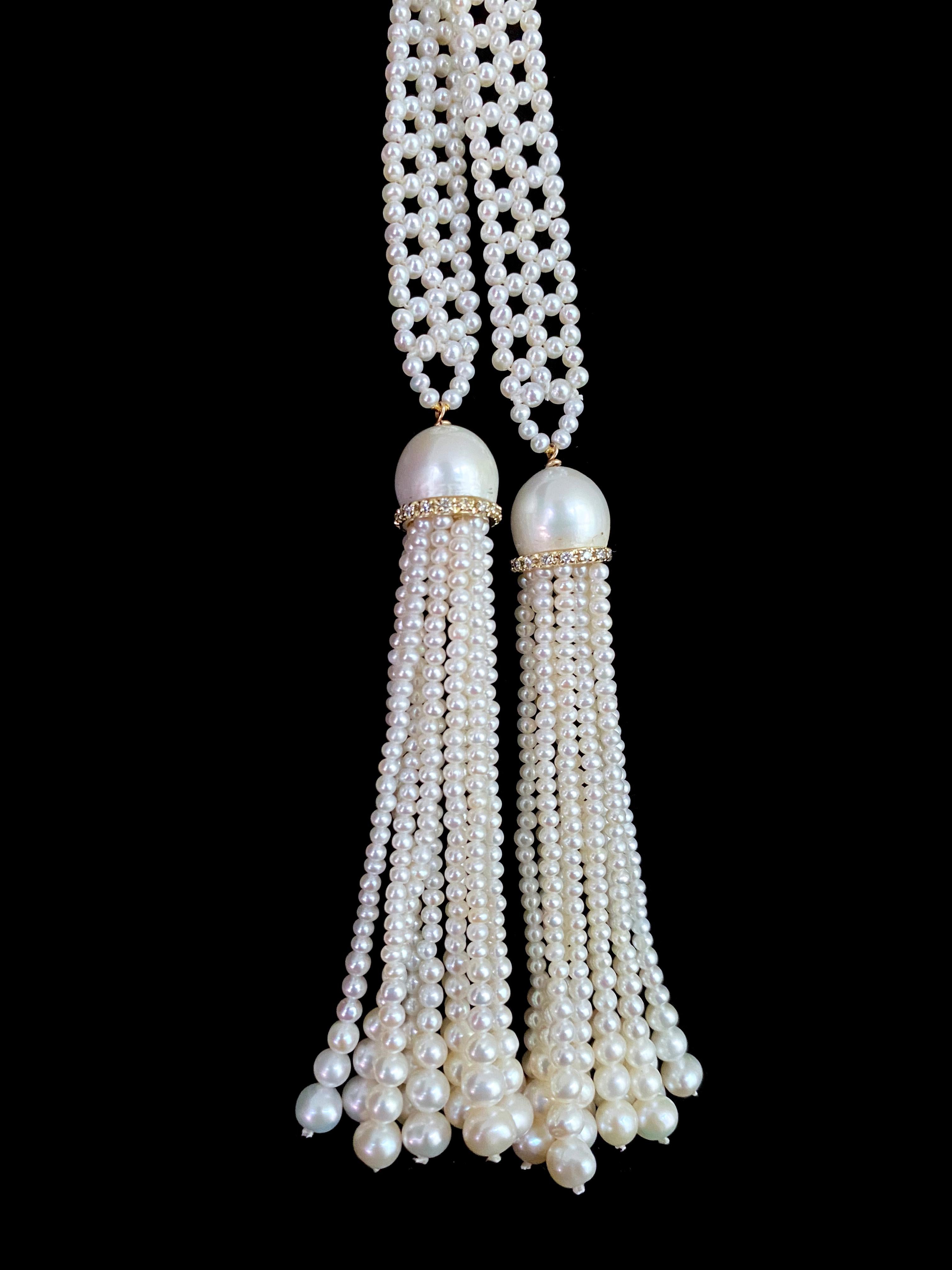 Women's Marina J. Sizeless Woven Pearl Sautoir with Diamonds & Solid 14k Yellow Gold For Sale