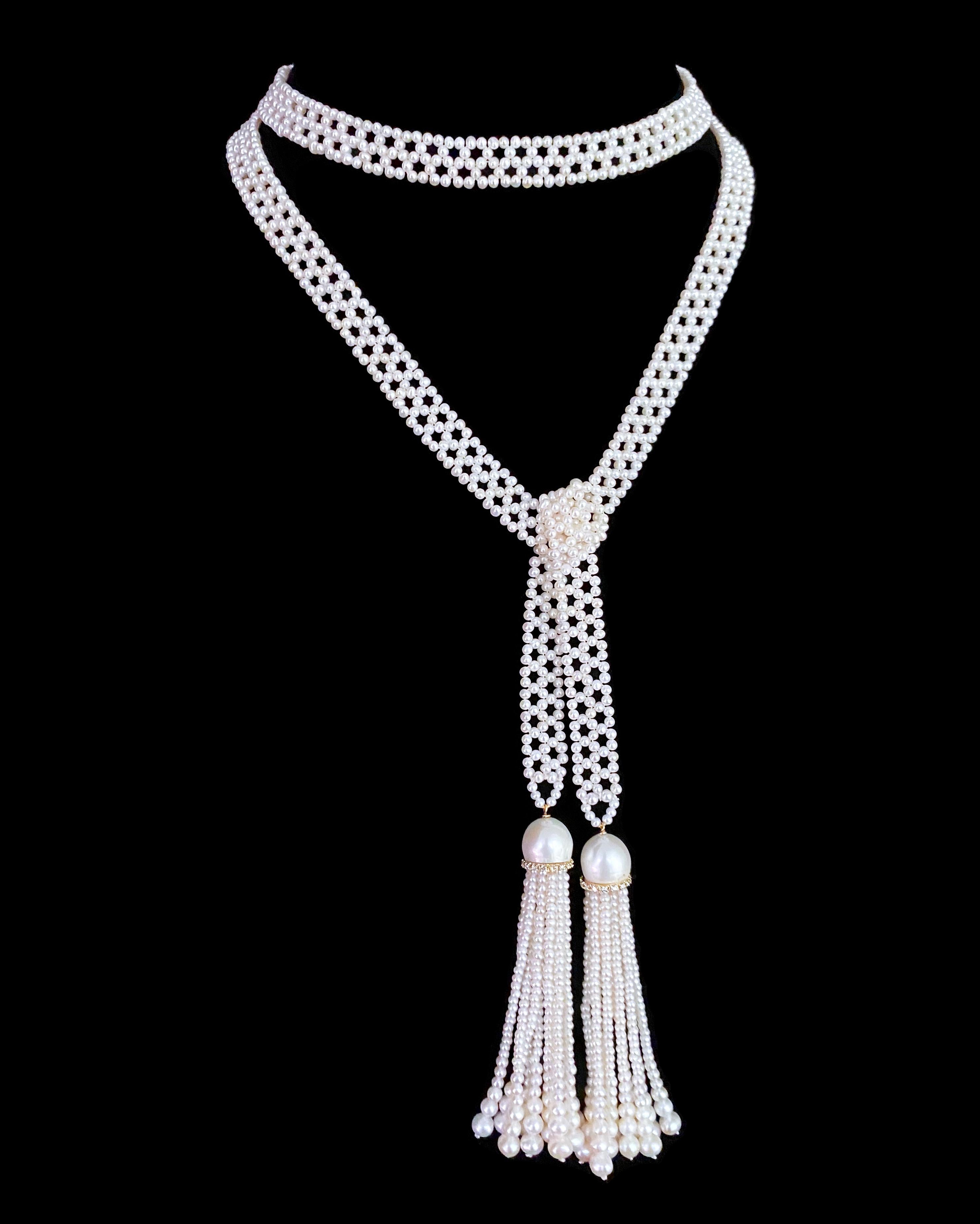 Marina J. Sizeless Woven Pearl Sautoir with Diamonds & Solid 14k Yellow Gold For Sale 1