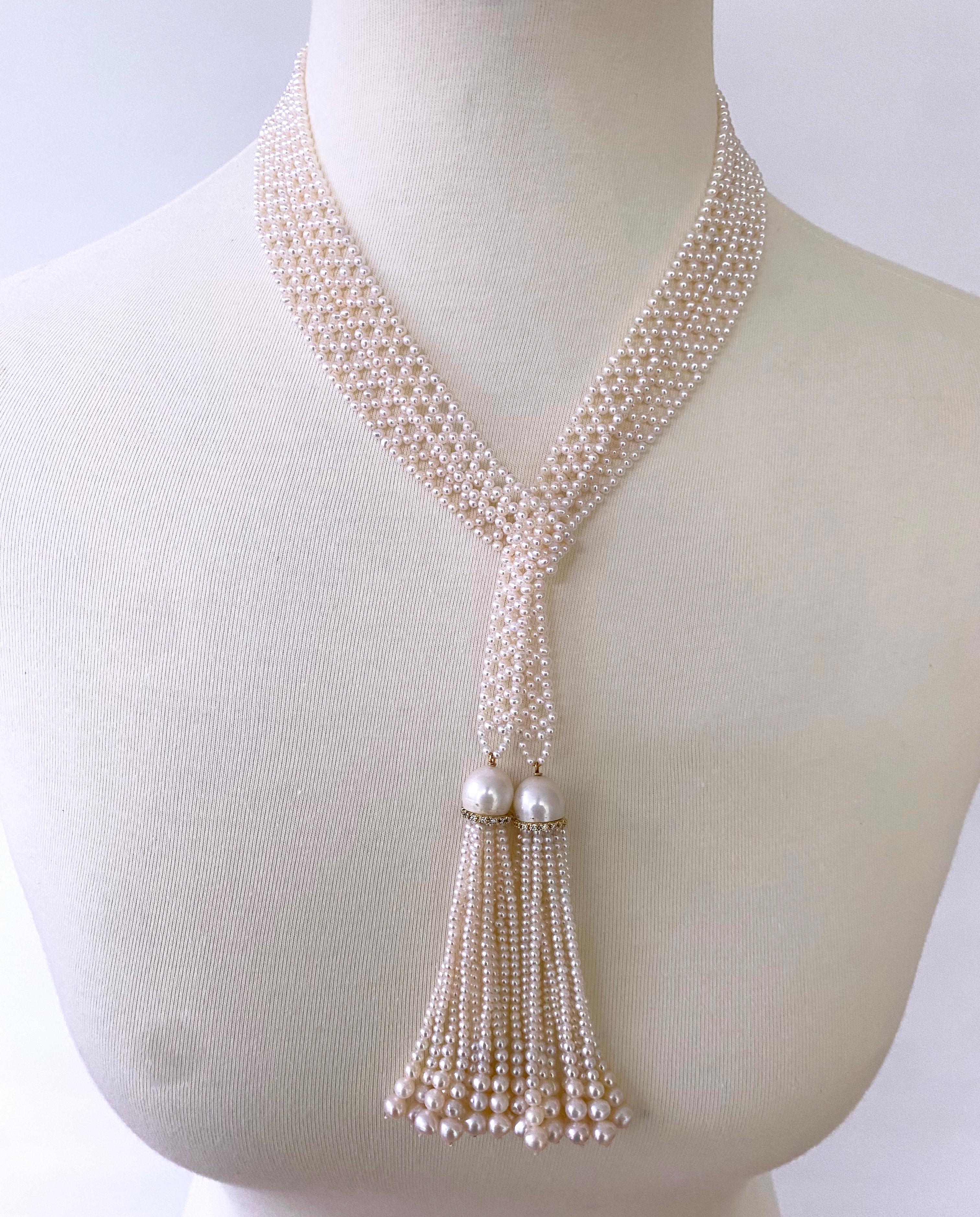 Marina J. Sizeless Woven Pearl Sautoir with Diamonds & Solid 14k Yellow Gold For Sale 2