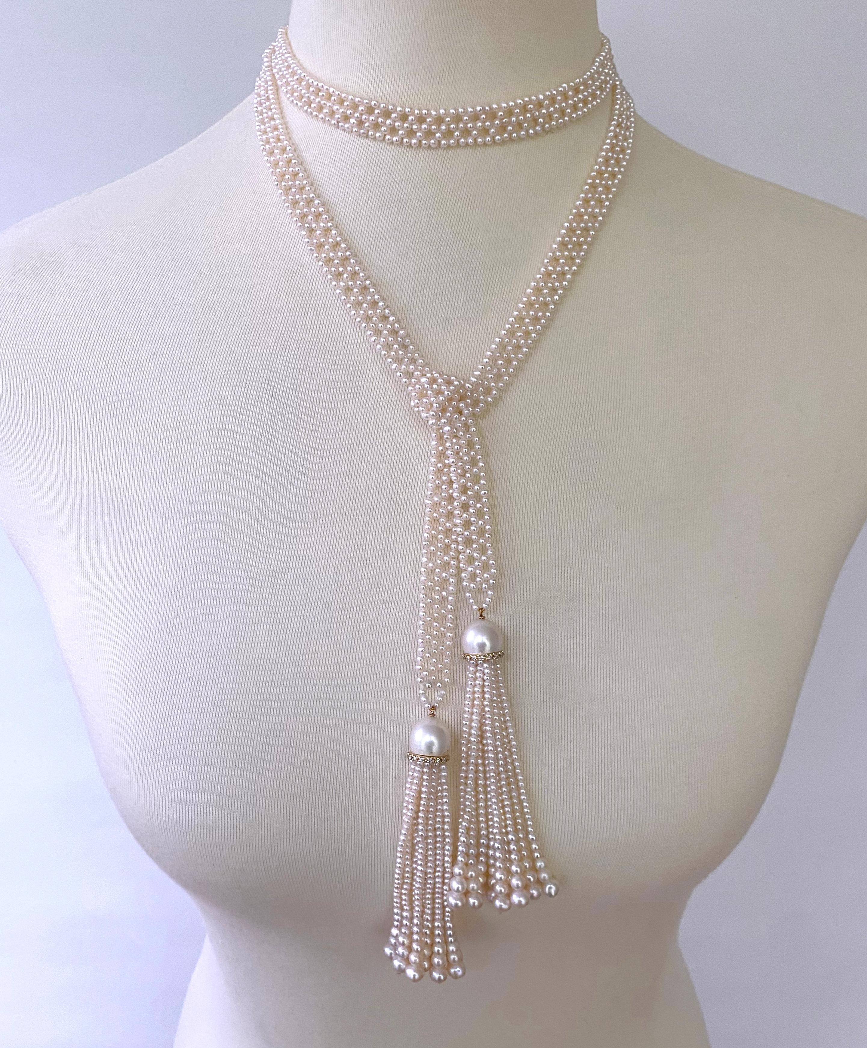 Marina J. Sizeless Woven Pearl Sautoir with Diamonds & Solid 14k Yellow Gold For Sale 3