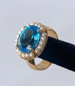 Marina J. Sky Blue Topaz Ring with Seed Pearls and 14 Karat Gold Band