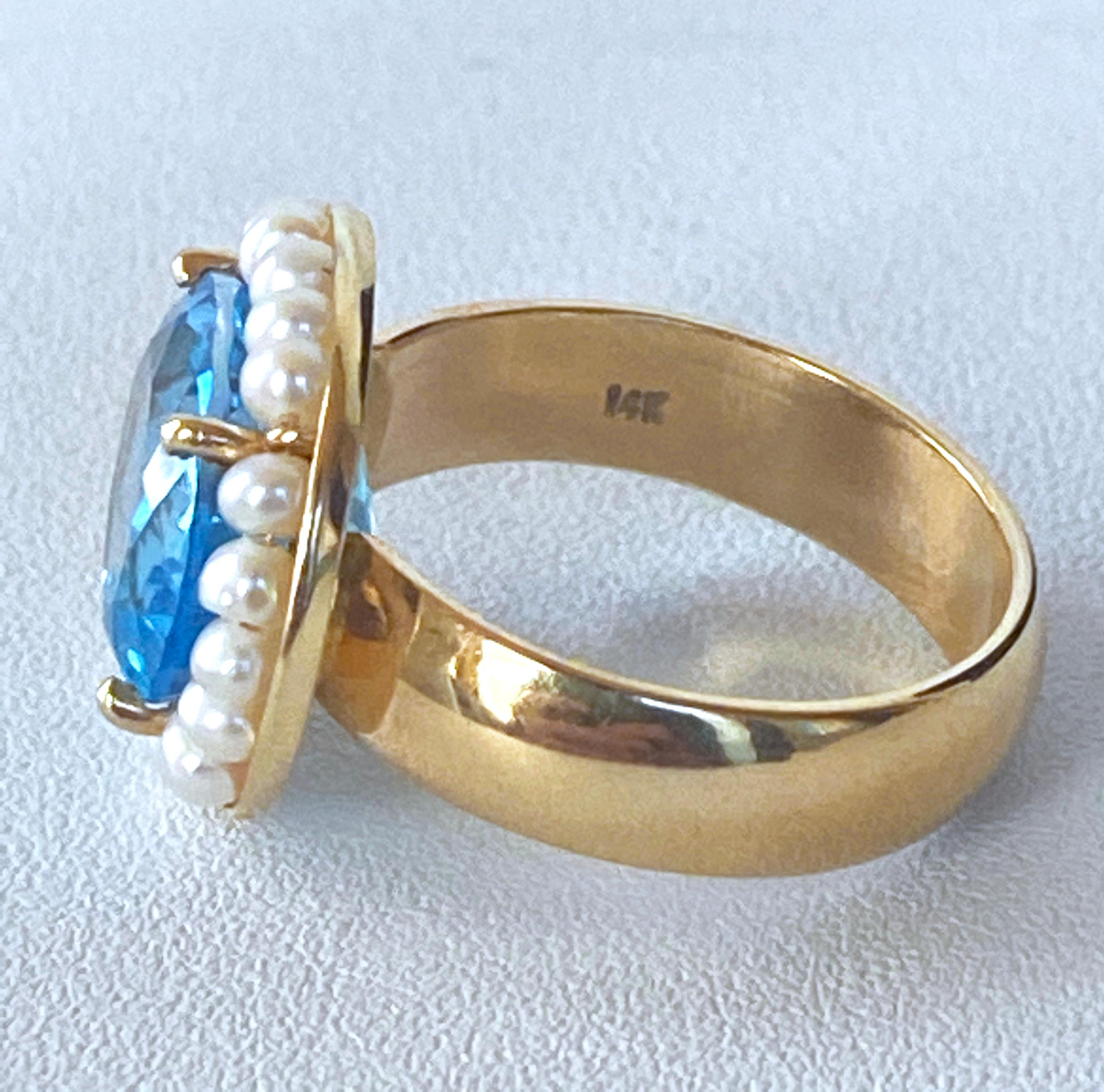 Artisan Marina J. Sky Blue Topaz Ring with Seed Pearls and 14 Karat Gold Band