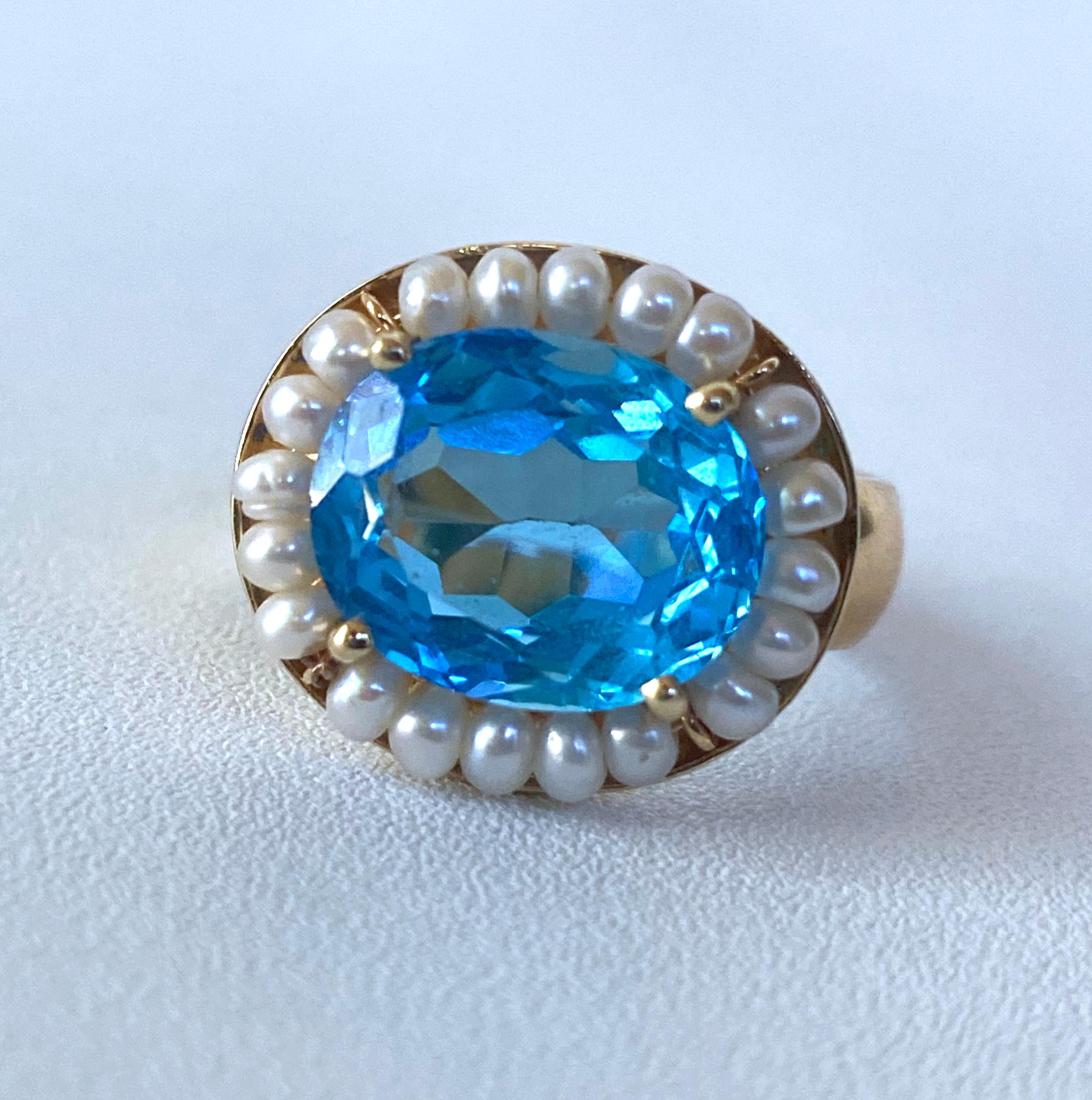 Marina J. Sky Blue Topaz Ring with Seed Pearls and 14 Karat Gold Band In New Condition In Los Angeles, CA
