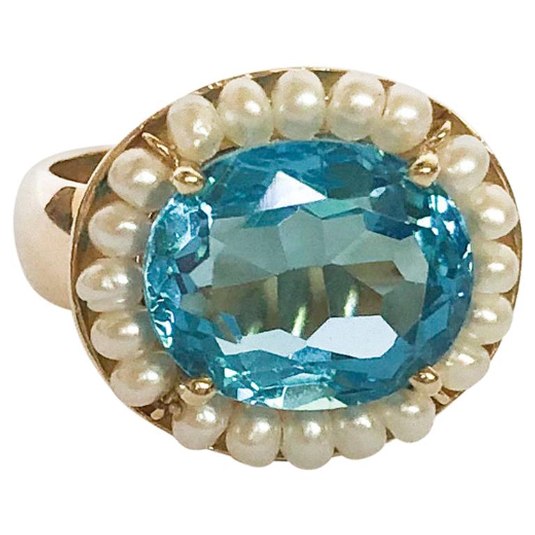Marina J Sky Blue Topaz Ring With Seed Pearls And 14 Karat Gold Band For Sale At 1stdibs